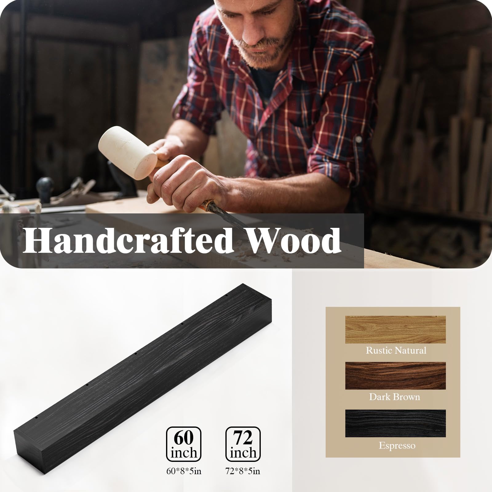 Easyego Fireplace Mantel Shelf 60'', Rustic Wood Mantles For Over Fireplace, Handcrafted Floating Mantel Shelf, Wall Mounted Far