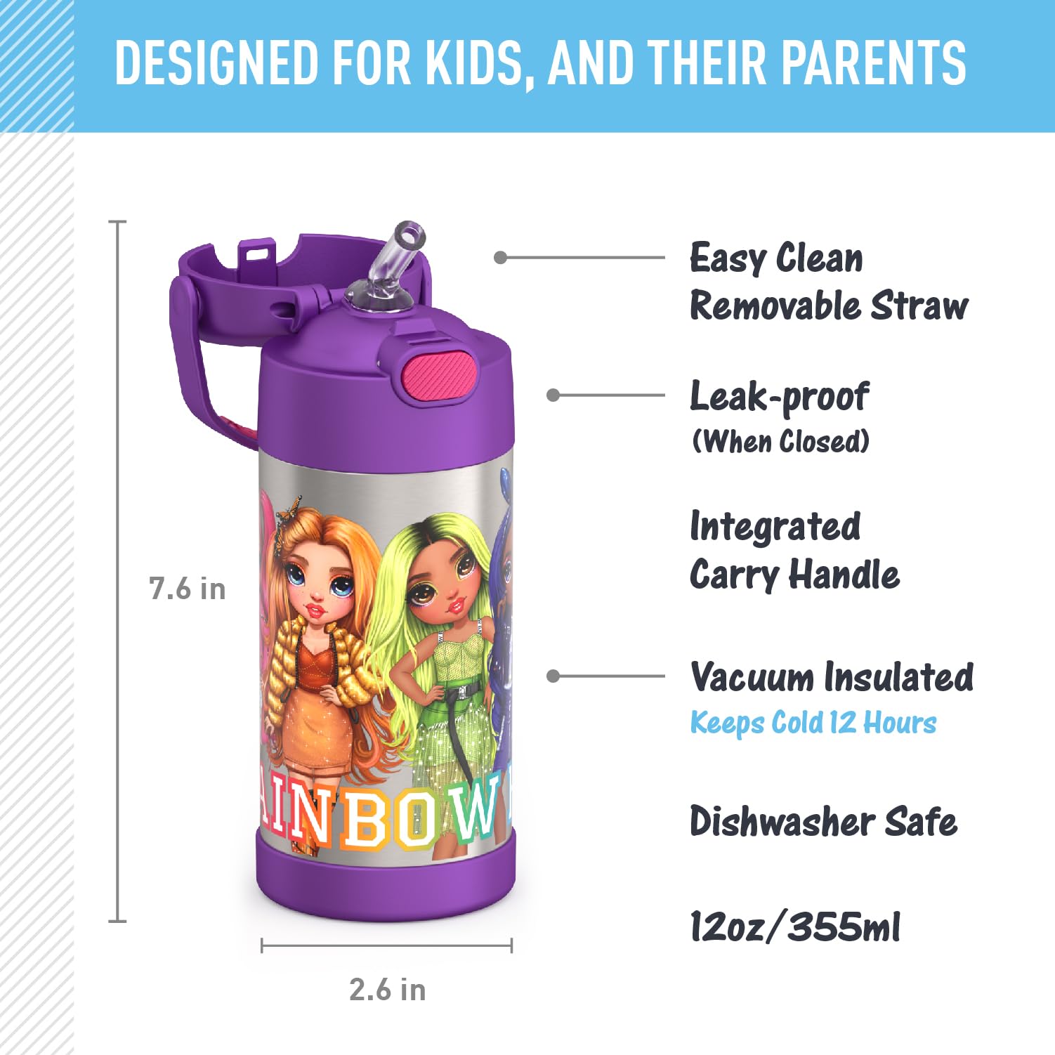 Thermos Funtainer 12 Ounce Stainless Steel Vacuum Insulated Kids Straw Bottle, Rainbow High