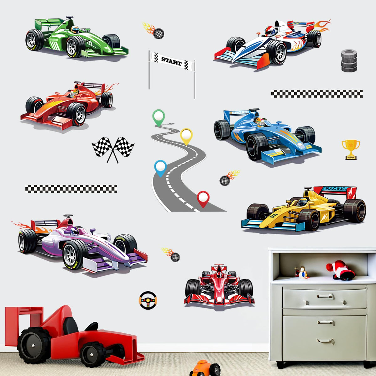 Wondever Racing Car Wall Stickers Vehicles Roads Peel And Stick Wall Art Decals For Kids Bedroom Boys Room Playroom