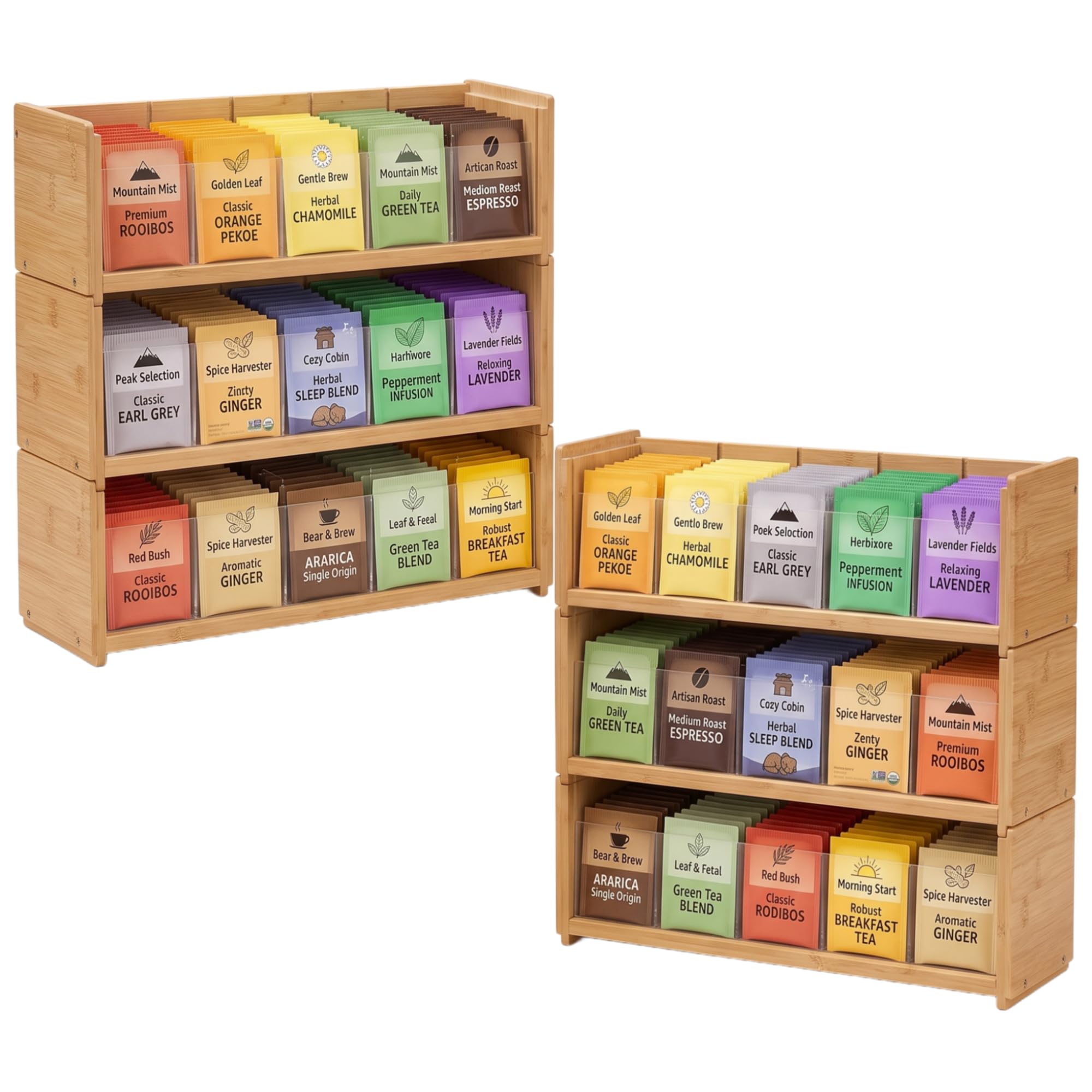 Marsui 2 Sets 3 Layer Stackable Bamboo Tea Bag Organizer Storage Holder and Display Rack for Tea Bag, Teabag Station Stand for C