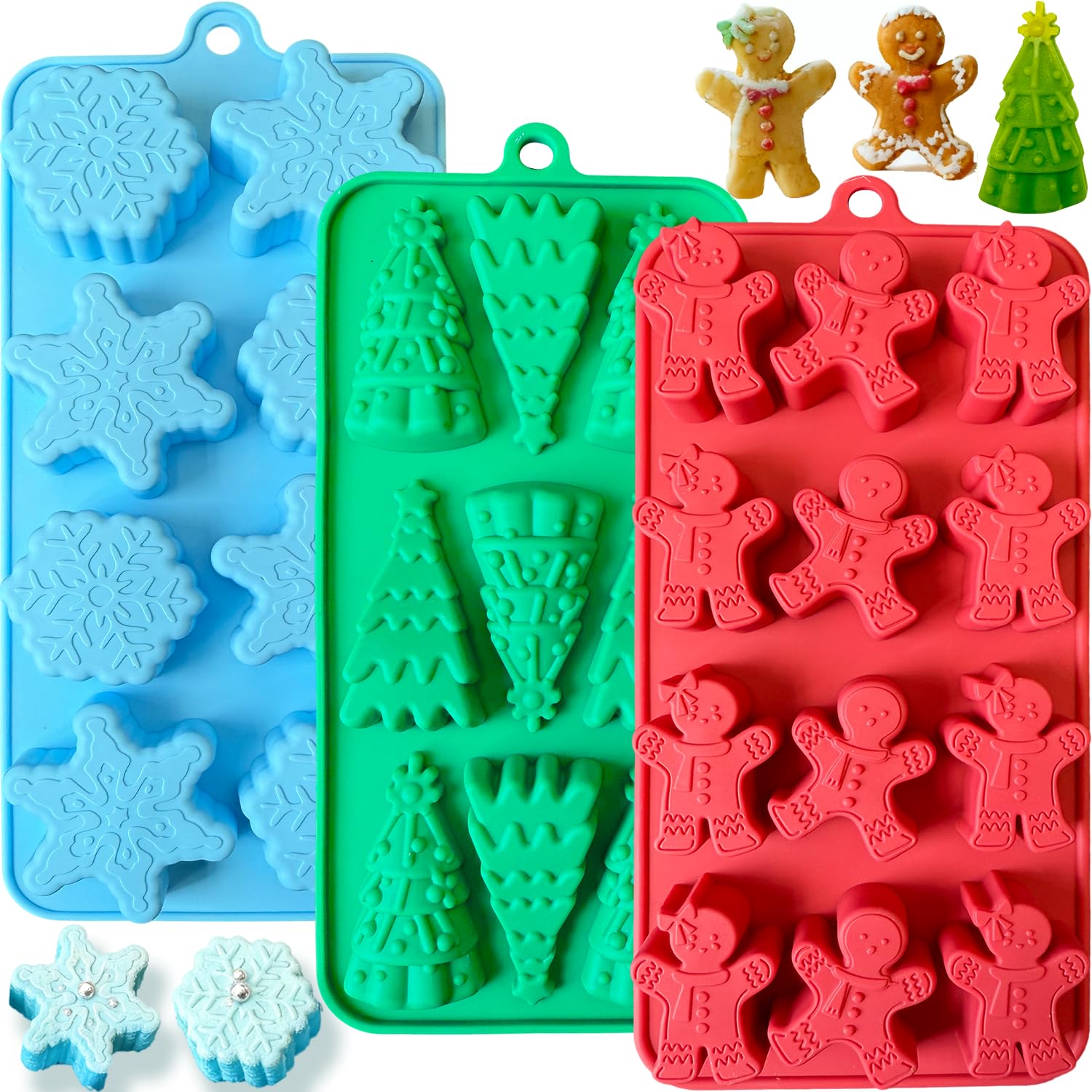 3 PCS Christmas Chocolate Molds, Christmas Tree Snowflake Gingerbread Shape Silicone Mold for Chocolate, Candy, Ice Cube, Cake, 
