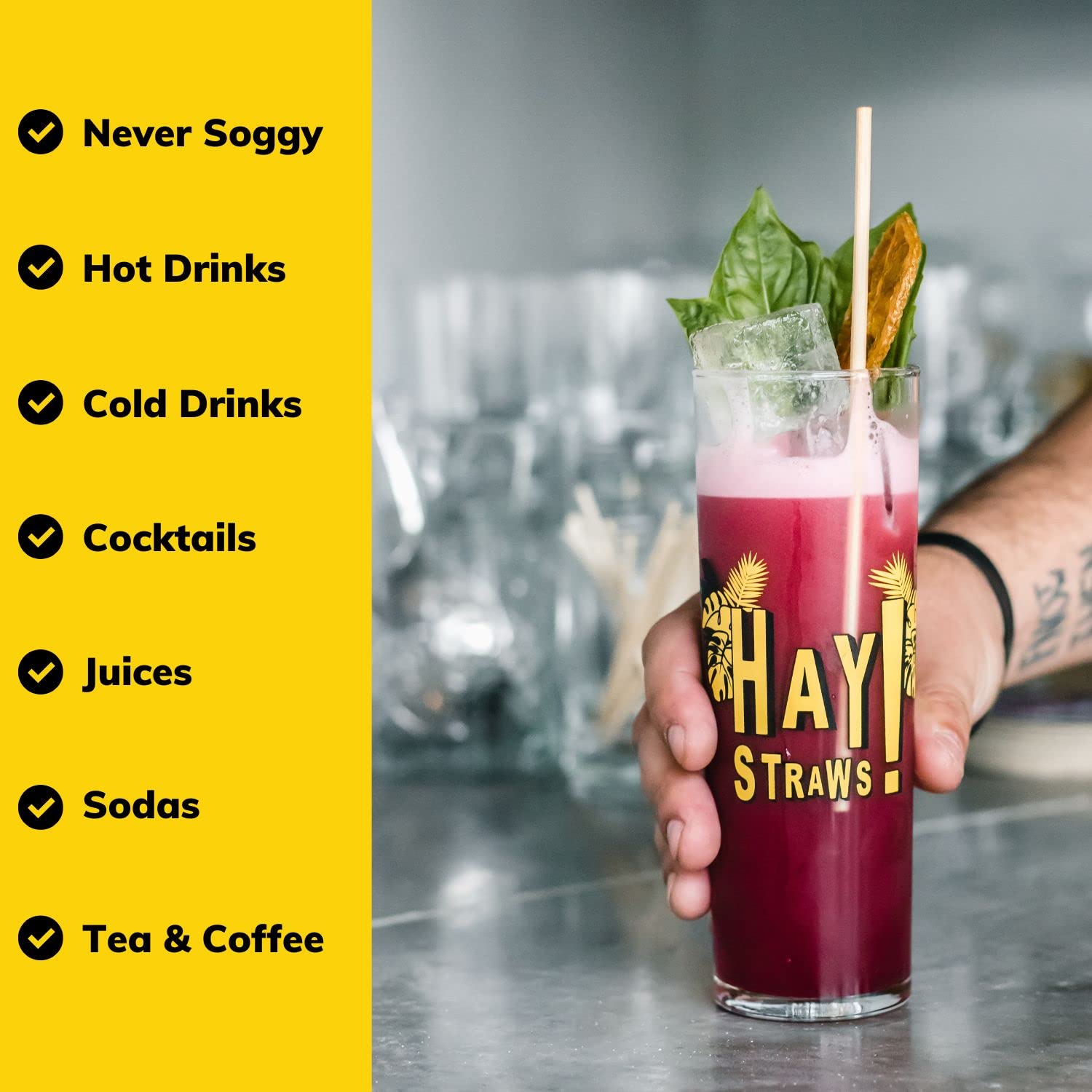 Hay! Straws Tall Drinking Straw | 100Ct | 7.75'' | 100% Biodegradable, 100% Plant-Based, Never Soggy, Gluten-Free | Sustainable