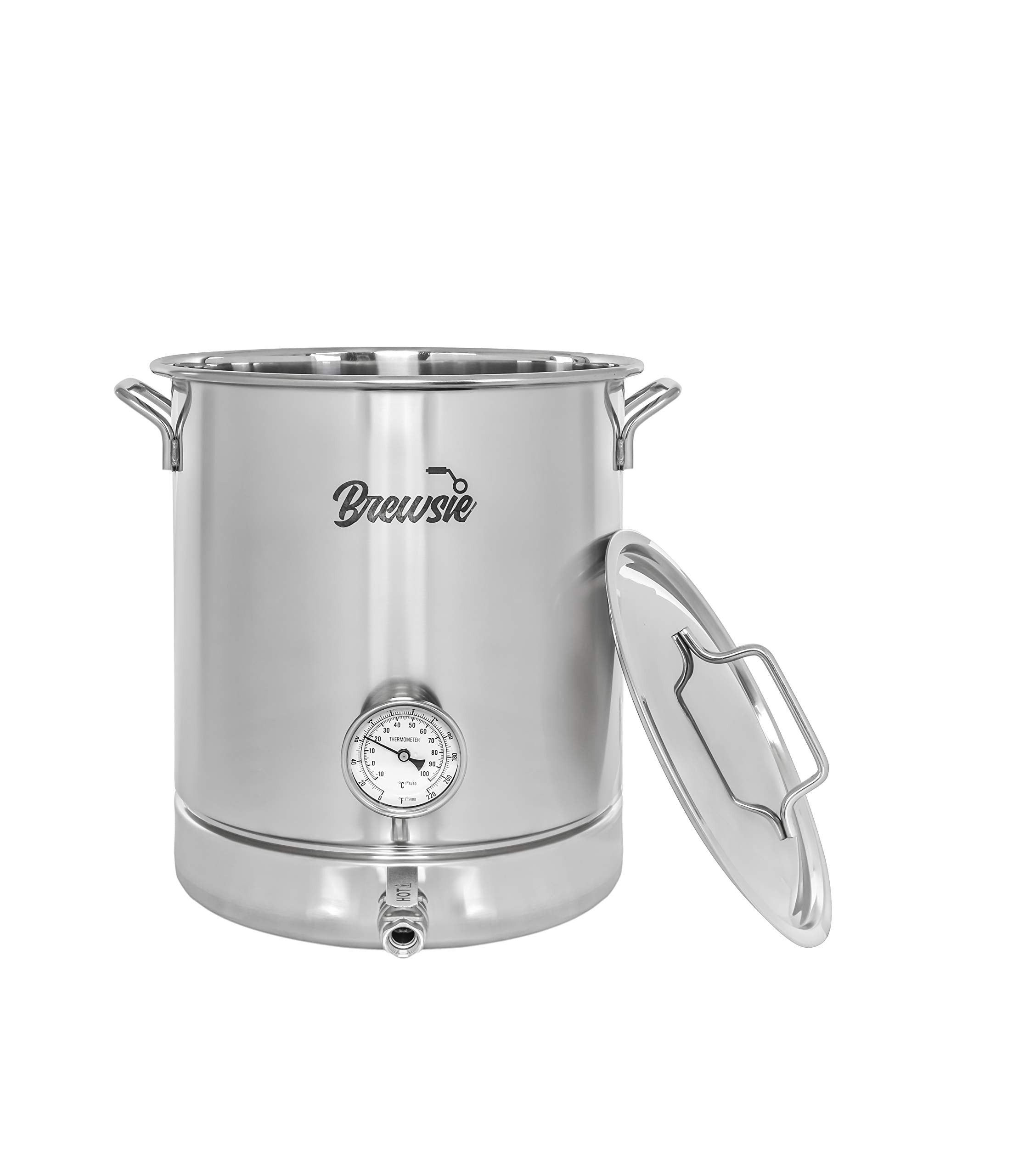 Brewsie Stainless Steel Home Brew Kettle W/Dual Filtration. Equip With False Bottom Thermometer And Ball Valve For Brewing (10 G