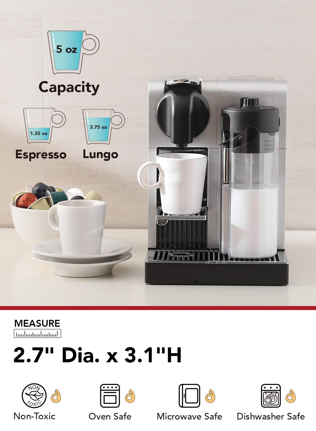 Le Tauci 5 Oz Espresso Mugs, Ceramic Small Stackable Coffee Cups, Designed For Double Shots Of Espresso, Lungo And Tea, Perfect