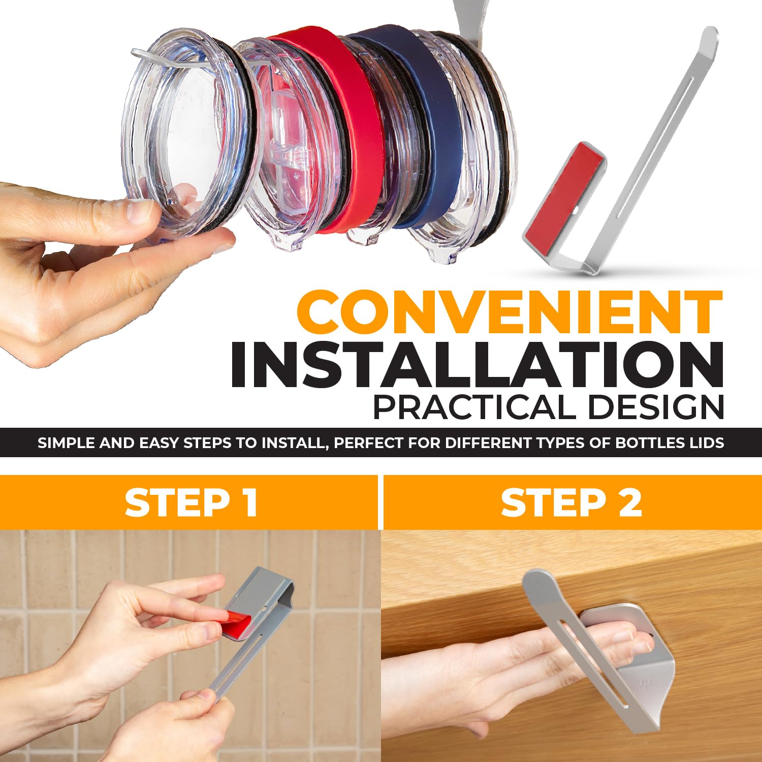 Elypro - Tumbler Lid Organizer - Horizontal - Self-Adhesive Under-Cabinet Mount, Space-Saving Design, Holds Multiple Lids, Clutt