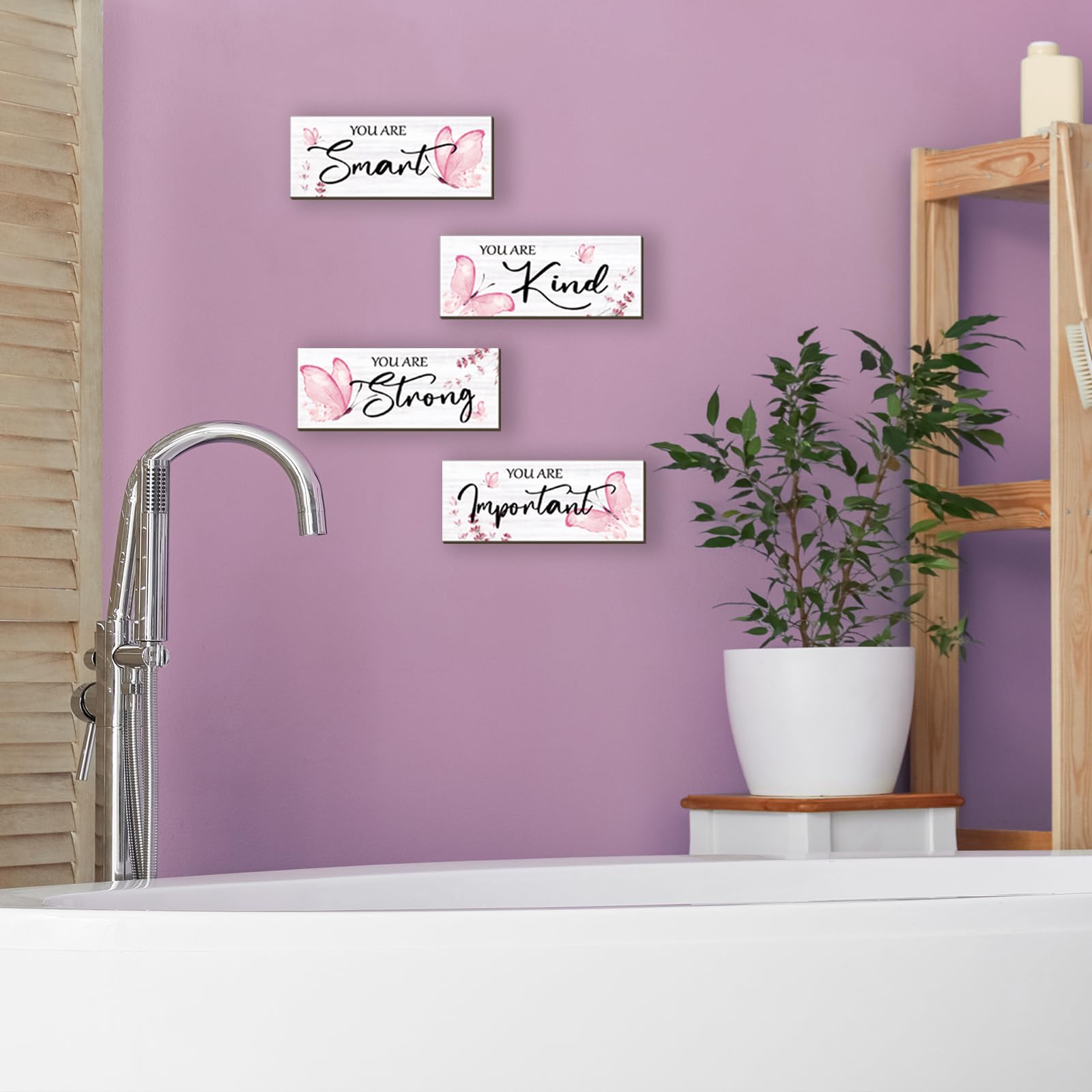 DONFENTHY 4 Pcs Butterfly Wall Decor Pink Room Decor Wooden Positive Butterfly Decor with Inspirational Word Sign for Teen Girls