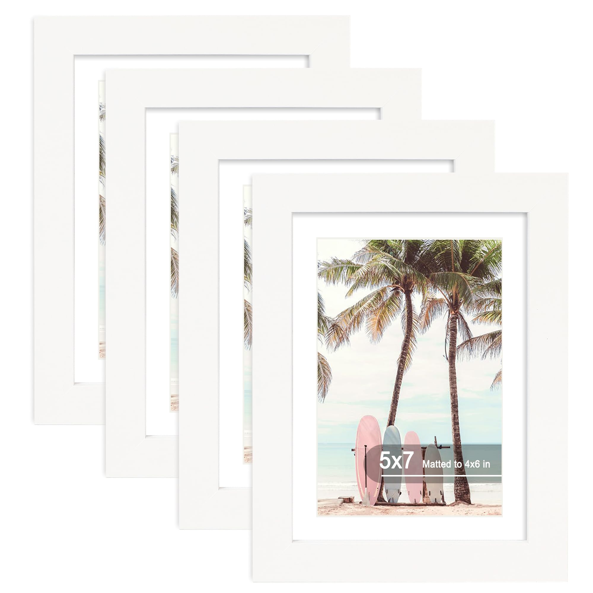 Hongkee 5x7 Picture Frame (4 Pack, White) Made of Real Glass and Wooden Frame - Display Pictures 4x6 with Mat or 5x7 Without Mat