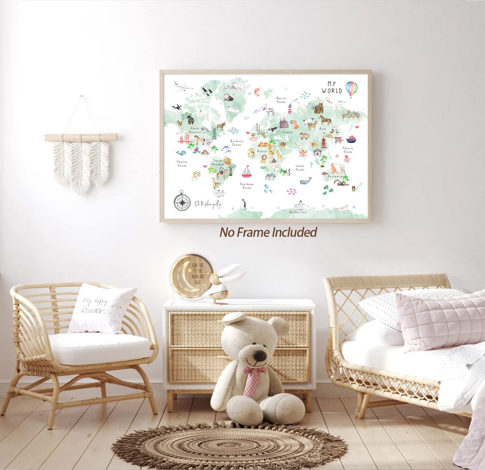 Joocrise Green Kids World Map Wall Art Animal Map Canvas Wall Art Educational Wall Art Nursery Wall Decor World Map Poster Child