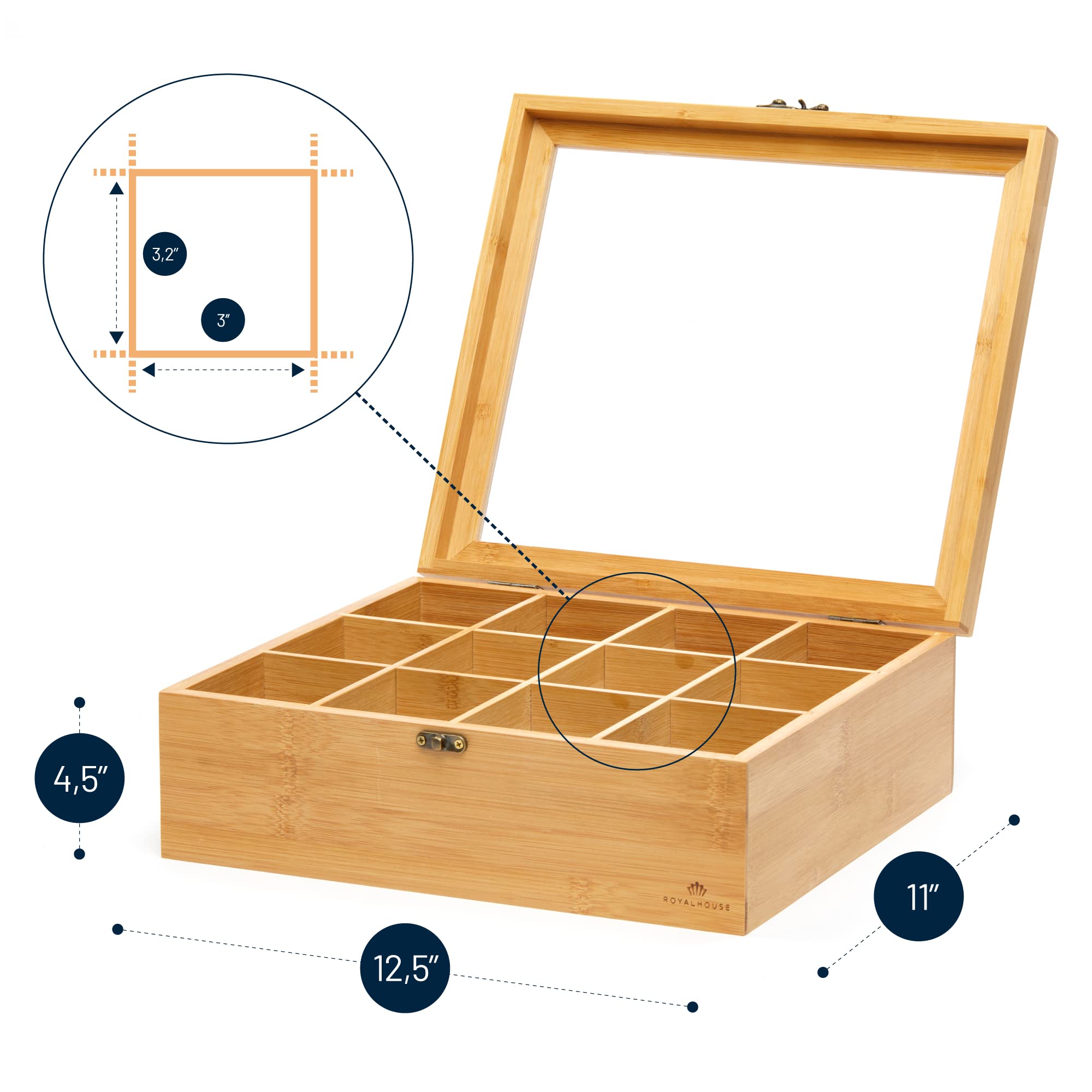RoyalHouse Big Natural Bamboo Tea Storage Organizer with Clear Acrylic Top Window  12 Compartments Eco-Friendly Tea Bag Holder  Multi-Functional Storage Box