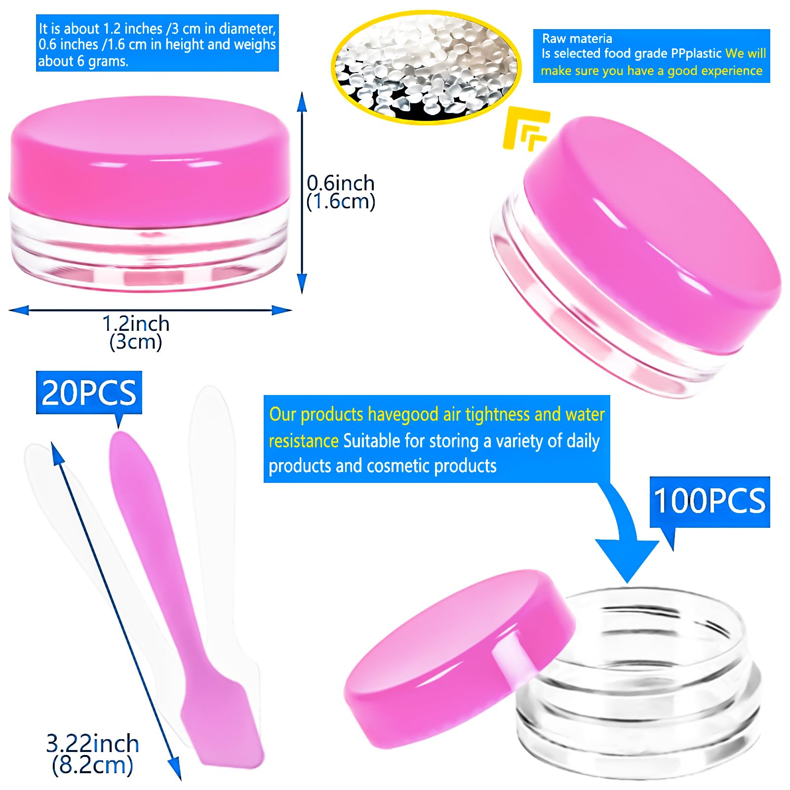 Motbach 100 Pcs 3G Empty Plastic Containers With Lids,Tiny Makeup Sample Containers, Small Pot Jars Pink Round Cosmetic Jars Wit