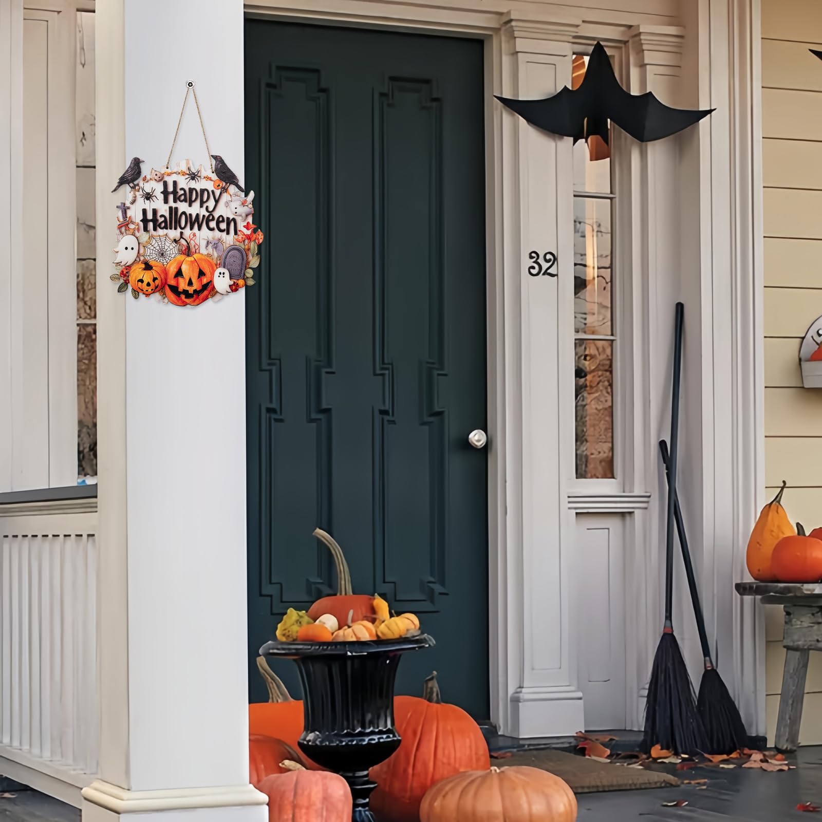 Halloween Decoration Wood Door Plaque - Rustic 9.2x8.8 Inch Handcrafted Sign with Raised Pumpkins, Ravens & Ghosts, Spider Web D