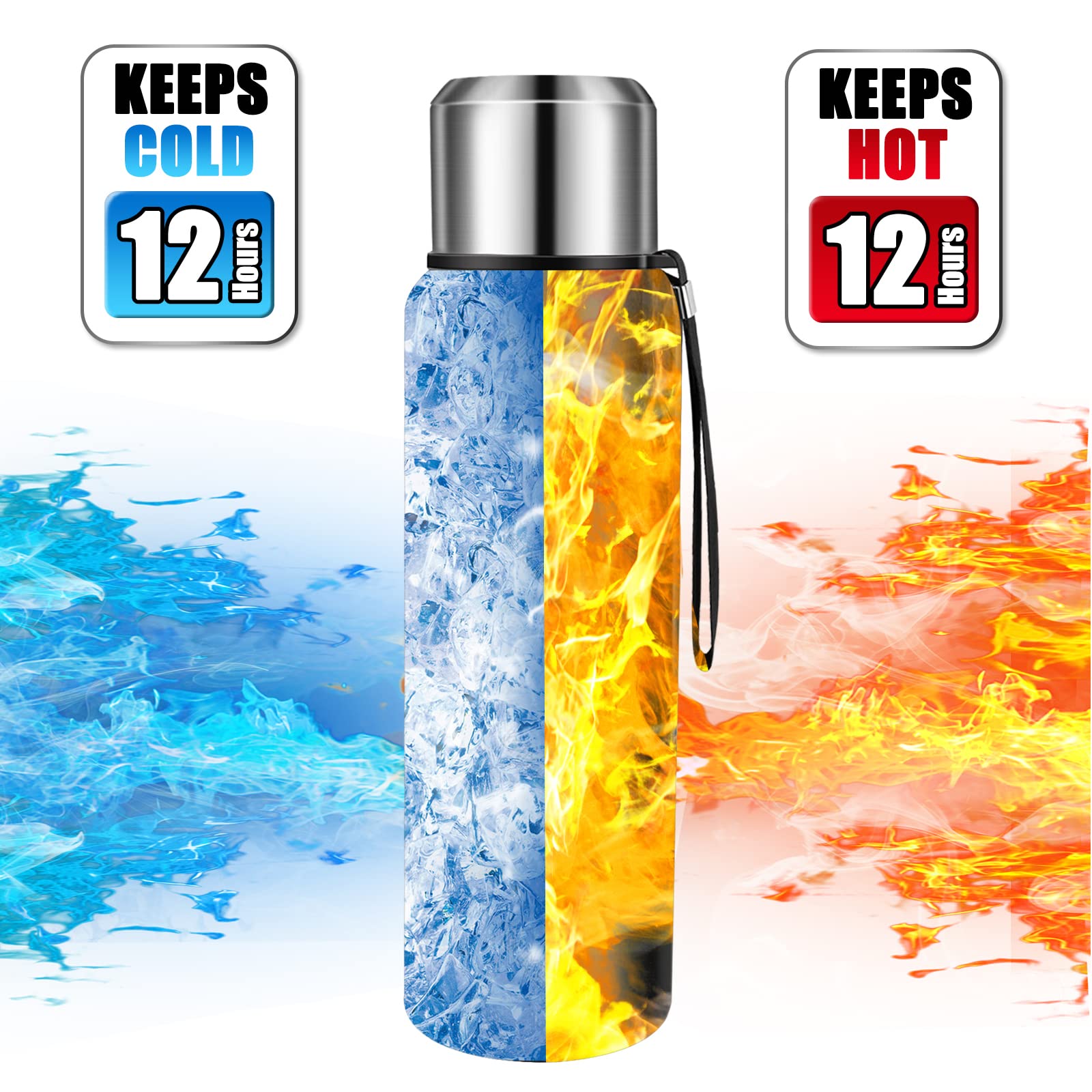 Insulated Vacuum Thermo Bottle 50Oz With Cup Lid Leakproof Stainless Water Flask For Coffee Hot And Cold Drink(Black,1500Ml)