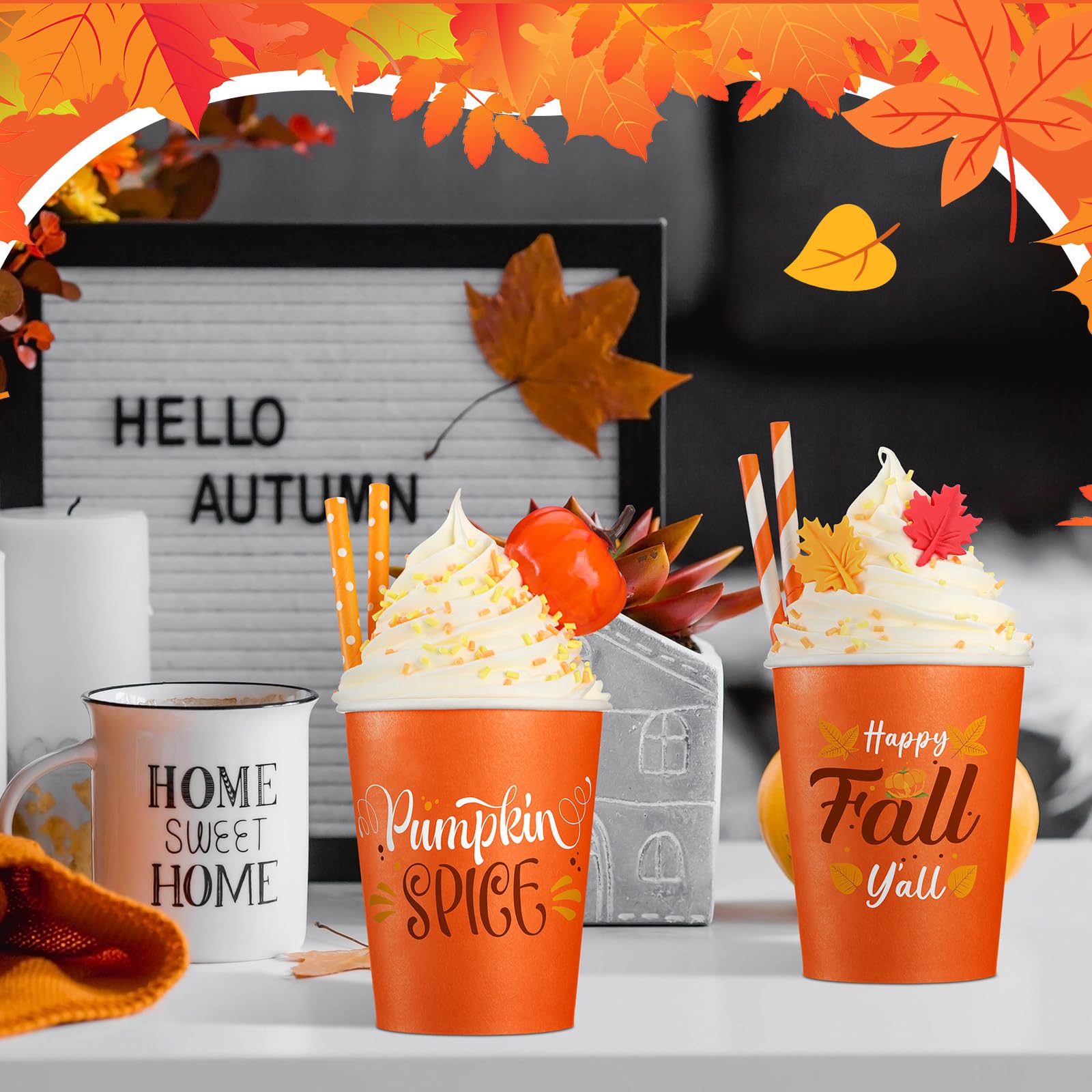 Yungyan 2 Pack Fall Tiered Tray Decor with Faux Whipped Cream Cups Fall Decoration Autumn Table Centerpiece Kitchen Decor Pumpki