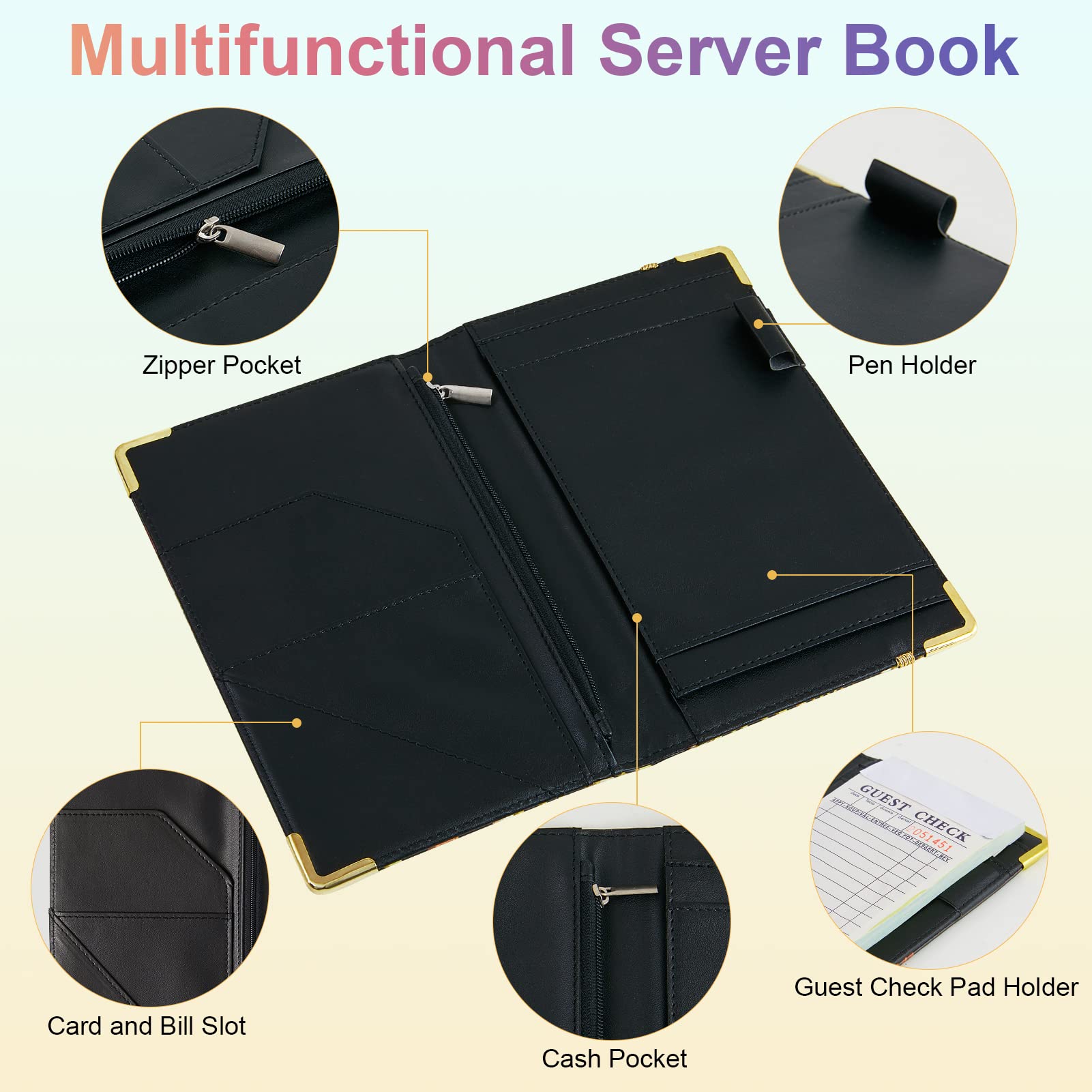 Waitress Book  Server Books for Waitress with Zipper Pocket Black Serving Waiter Book for Waitress Notepad with Money Pocket and Zipper