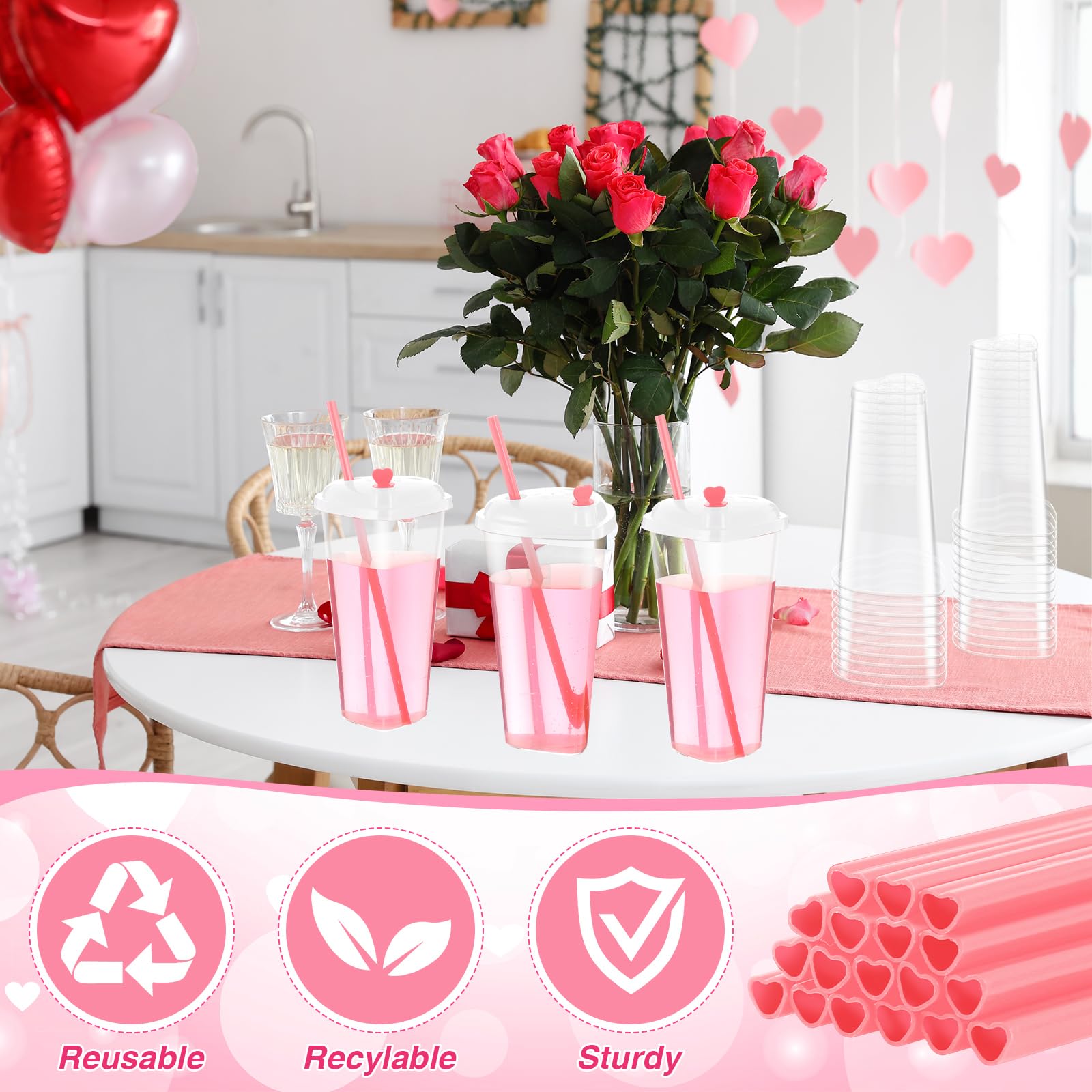 Potchen 60 Set Valentines Day Plastic Cups With Heart Shaped Straws 16 Oz Disposable Cups With Lid And Straws For Valentines Day