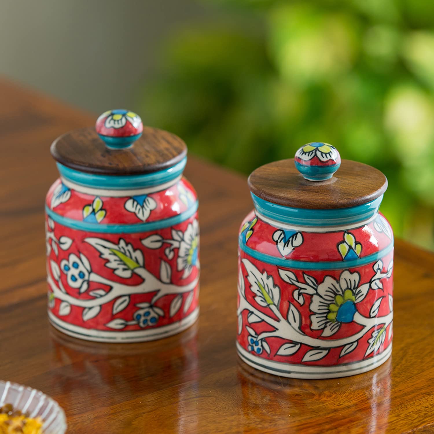 ExclusiveLane Mughal Floral Handpainted MultiUtility Storage Ceramic Jars & Containers with Wooden Lid for Kitchen Storage Snac