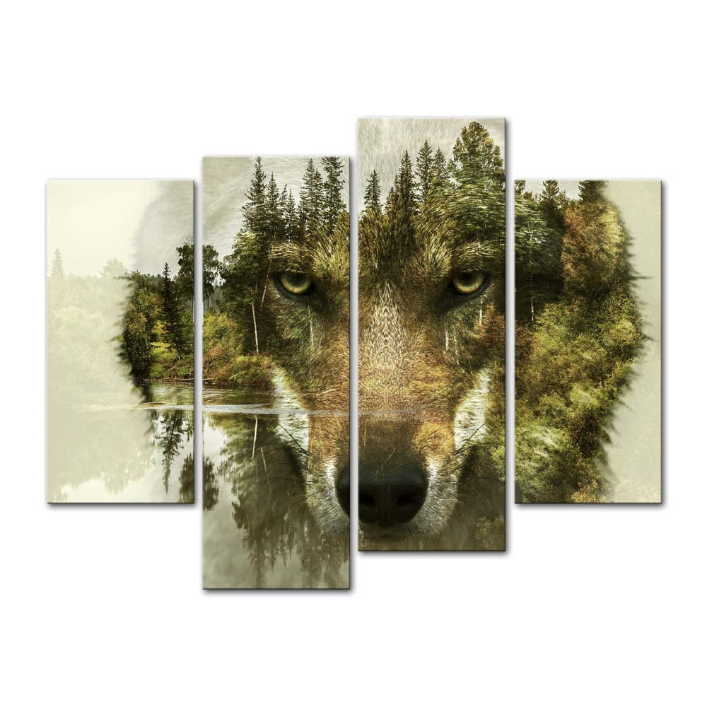 Wolf 4 Pieces Modern Canvas Painting Wall Art The Picture For Home Decoration Wolf Pine Trees Forest Water Wolf Animal Print On