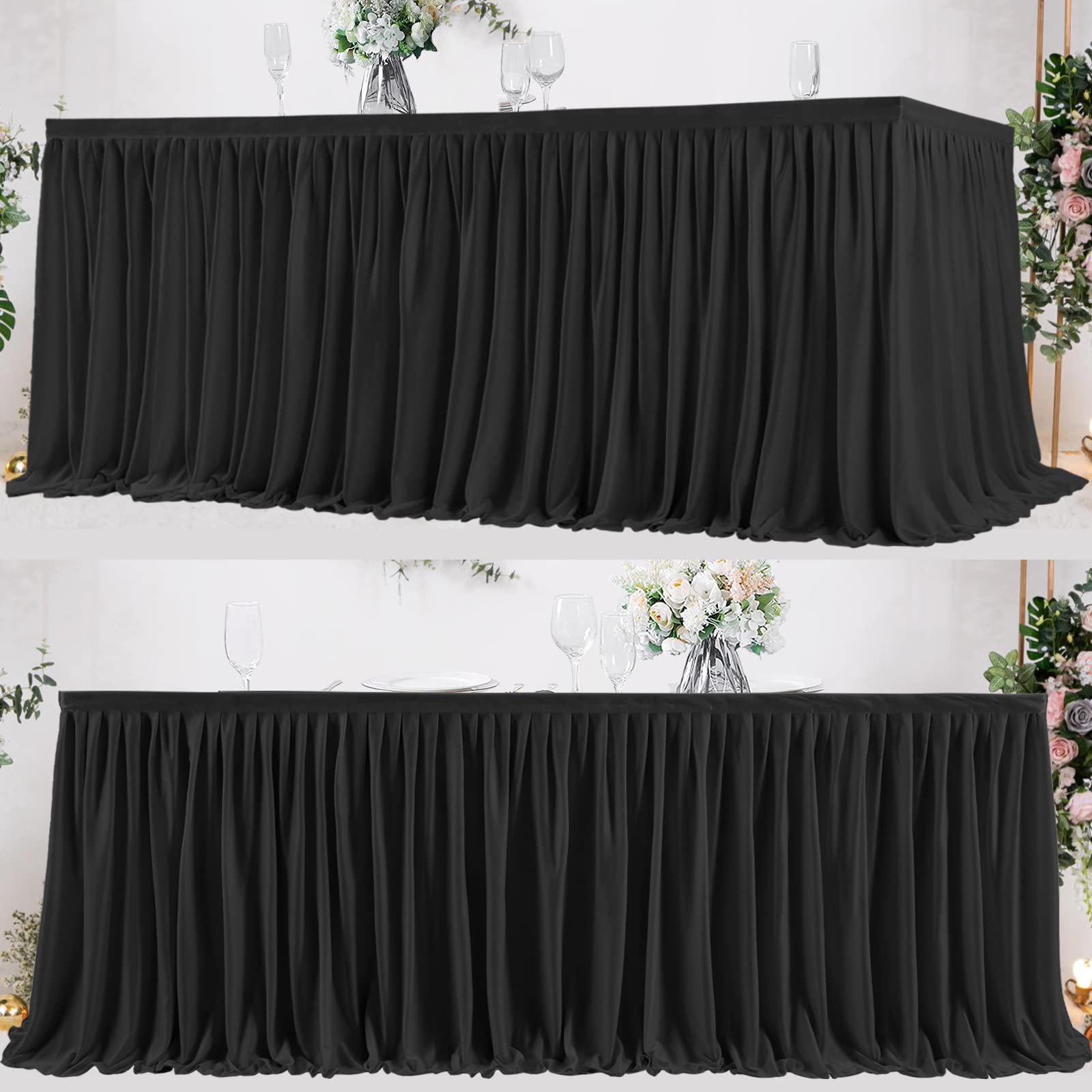Partisky Black Polyester Table Skirt For Rectangle Tables 8Ft, Wrinkle Resistant Pleated Ruffle Table Cloth For Banquet Wedding