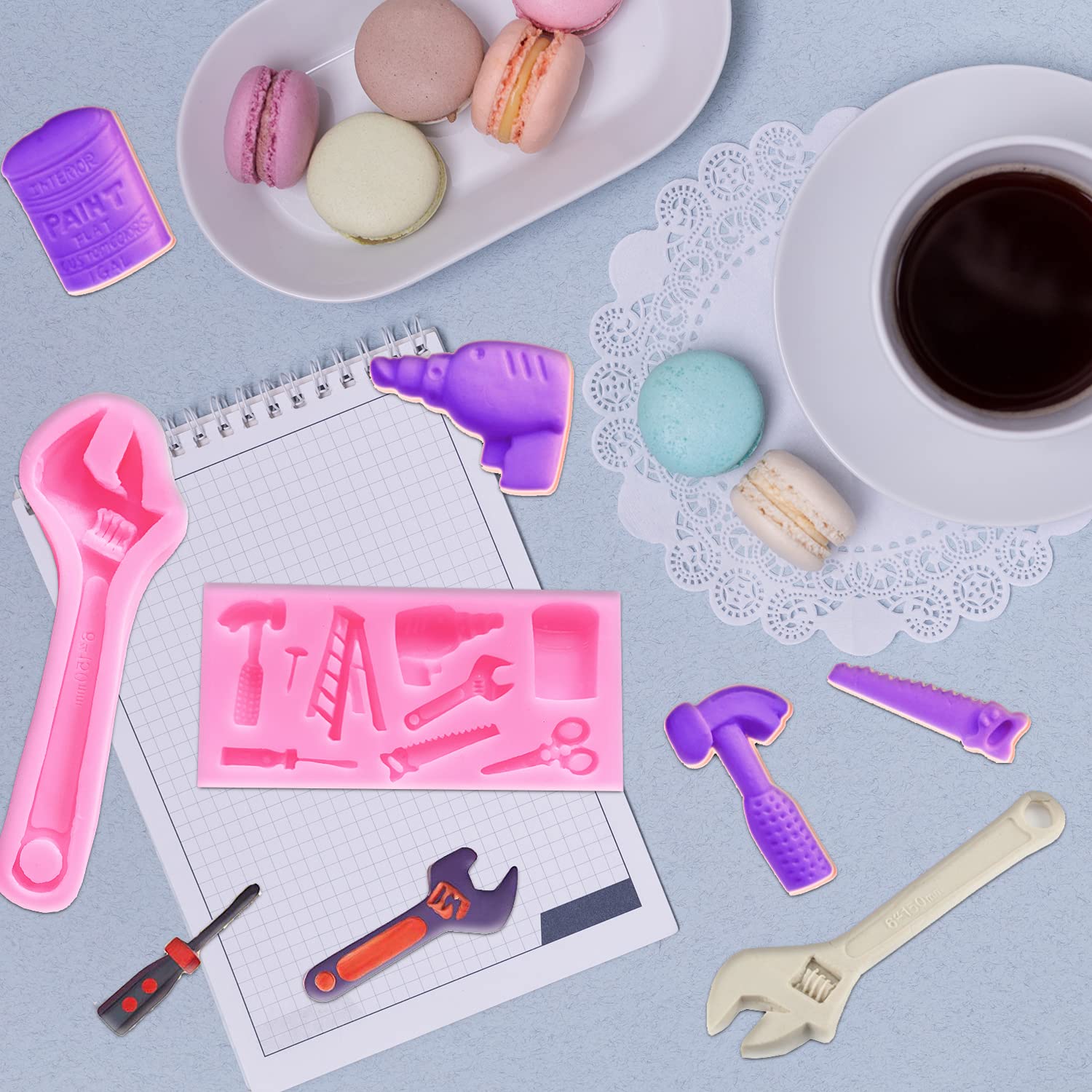 Doumeny 3Pcs Hardware Tools Silicone Mold,Construction Tools Fondant Molds Wrench Chocolate Mold 3D Sugar Fondant Mold Mini Hand