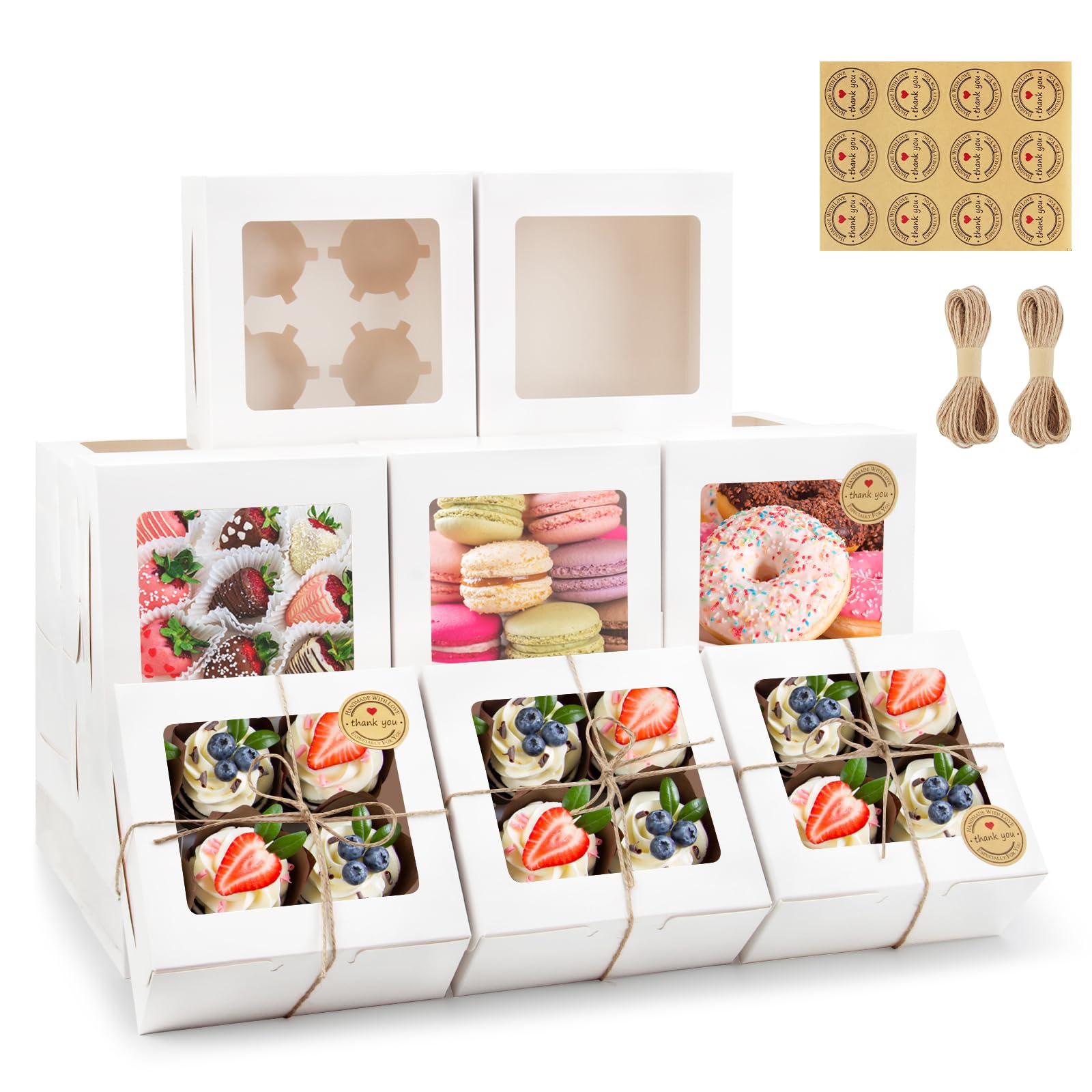 OAMCEG 50 PCS White Cookie Boxes with Window, 6x6x3 Inch Cupcake Boxes, Bakery Containers for Pastry, Dessert, Chocolate Strawbe