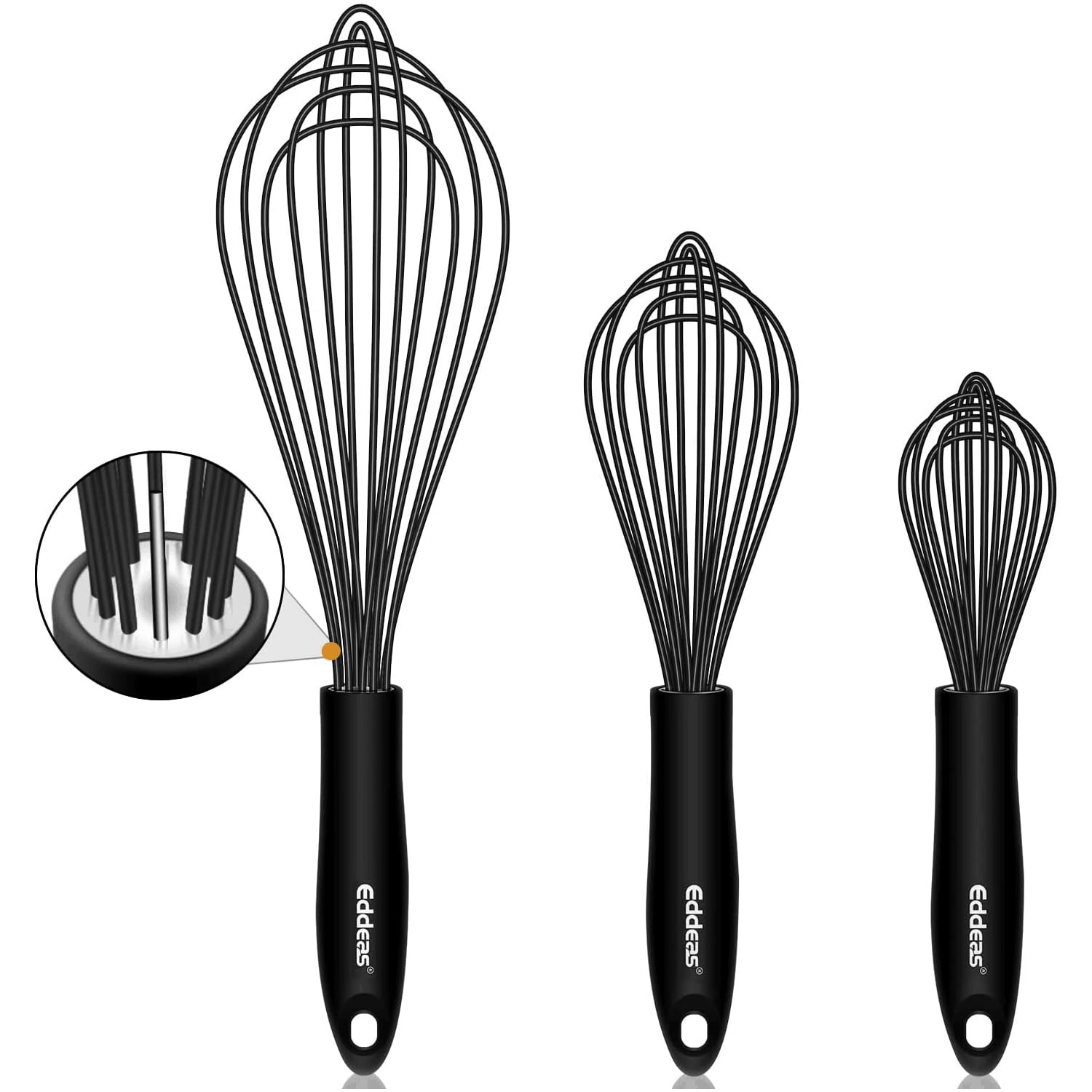 Silicone Whisk, Eddeas Stainless Steel & Silicone Non-Stick Coated Whisks Set Of 3-Heat Resistant Kitchen Whisks, Balloon Egg Be