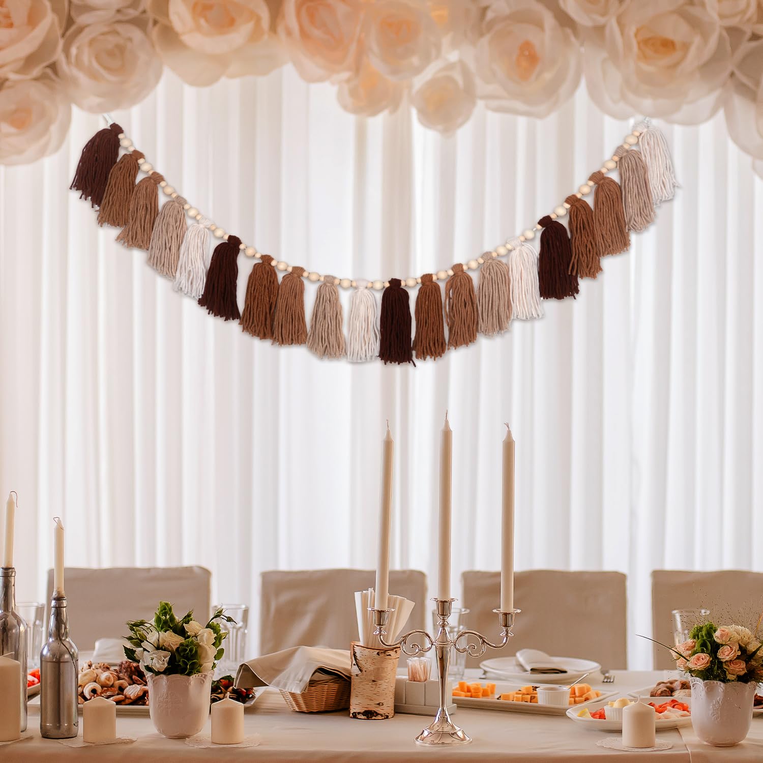 GIAUMA Brown Boho Yarn Tassel Garland Terracotta Rainbow Bunting Banner Western Neutral Wall Hanging Decor for Classroom Nursery