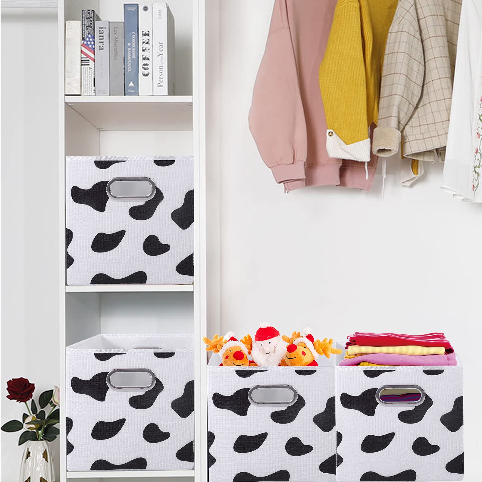Anminy 2Pcs Storage Cubes Set Cow Print Large Cotton Linen Fabric Storage Bins Baskets Box With Handles Pp Plastic Board Foldabl