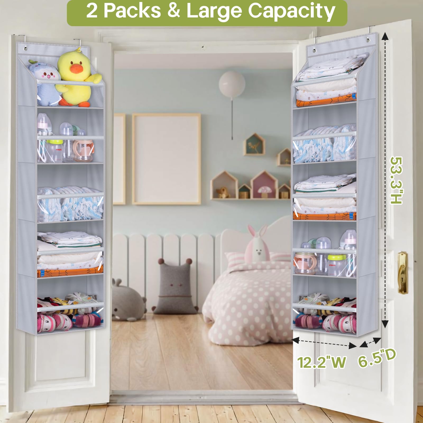 Aooda 2 Pack Over The Door Organizer, Large Capacity Closet Door Hanging Organizer, Clear Deep Pockets Baby Organizer Storage Fo