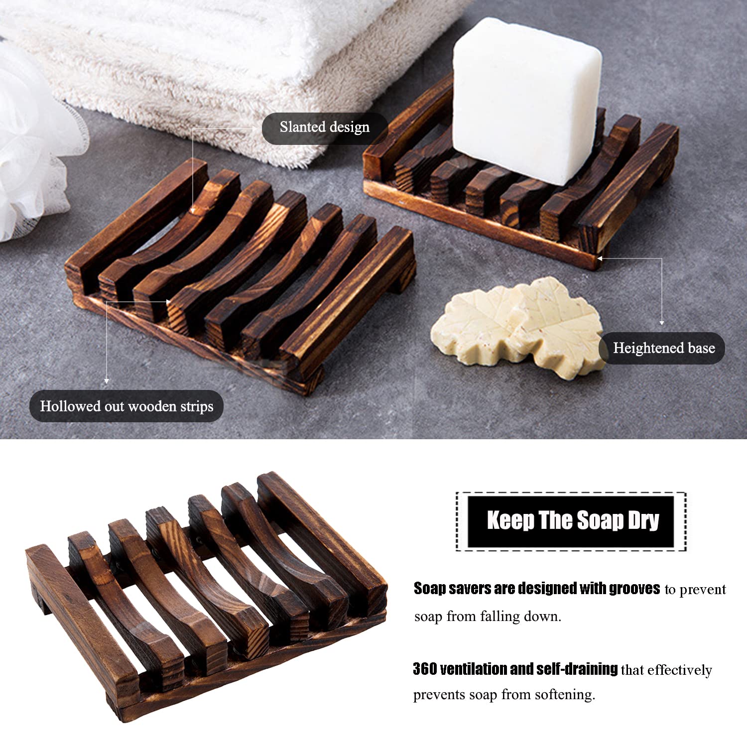 Soap Dish Holder  3 Pcs Natural Wooden Soap Saver  Soap Case for Shower  Self Draining Soap Tray for Bathroom  Extend Soap Life  Keep Soap Bars Dry Clean & Easy Cleaning(Charcoal)
