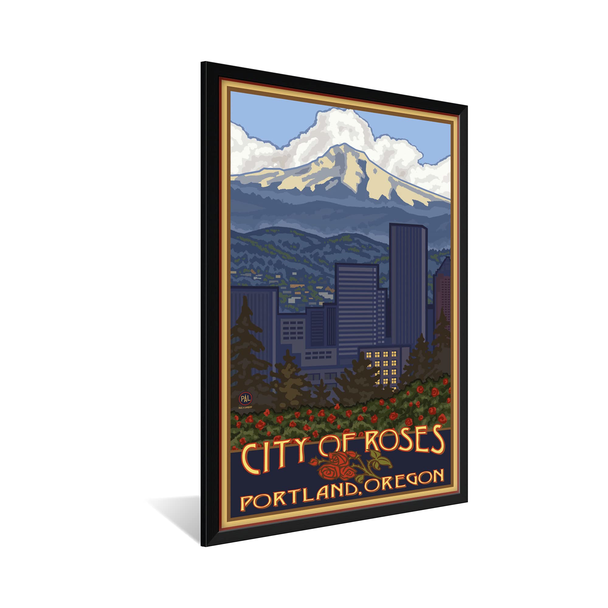 Portland Oregon Skyline Professionally Framed Art Print From Travel Artwork By Artist Paul A. Lanquist Framed Art Size: 32'' X 4