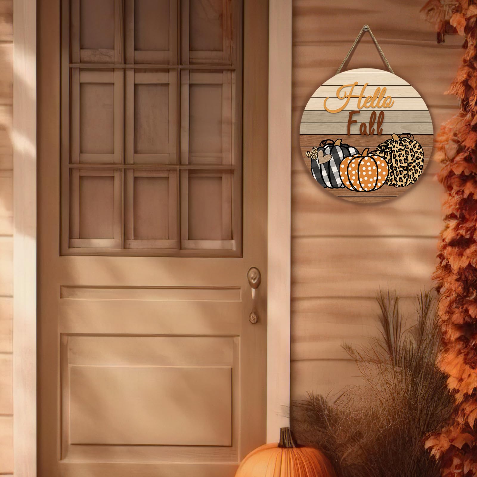 Dacawin Hello Fall Pumpkin Wooden Door Signs Autumn Harvest Sign Front Door Decor Plaid Pumpkin Farmhouse Door Hanger Decoration