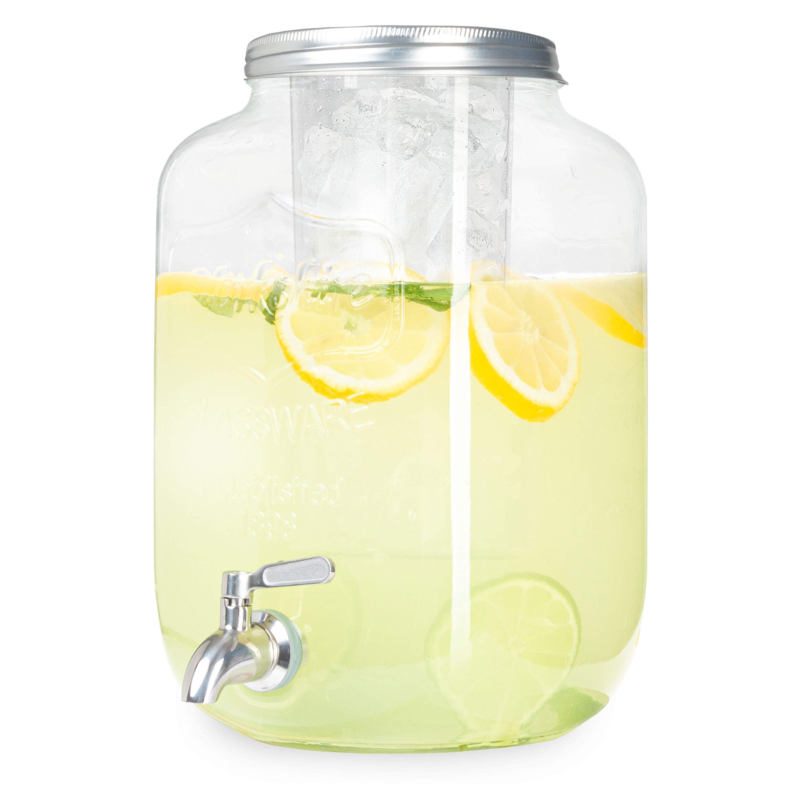 Crutello Outdoor Glass Beverage Dispenser With Stainless Steel Spigot & Ice Cylinder - 2 Gallon Drink Dispenser For Tea, Lemonad