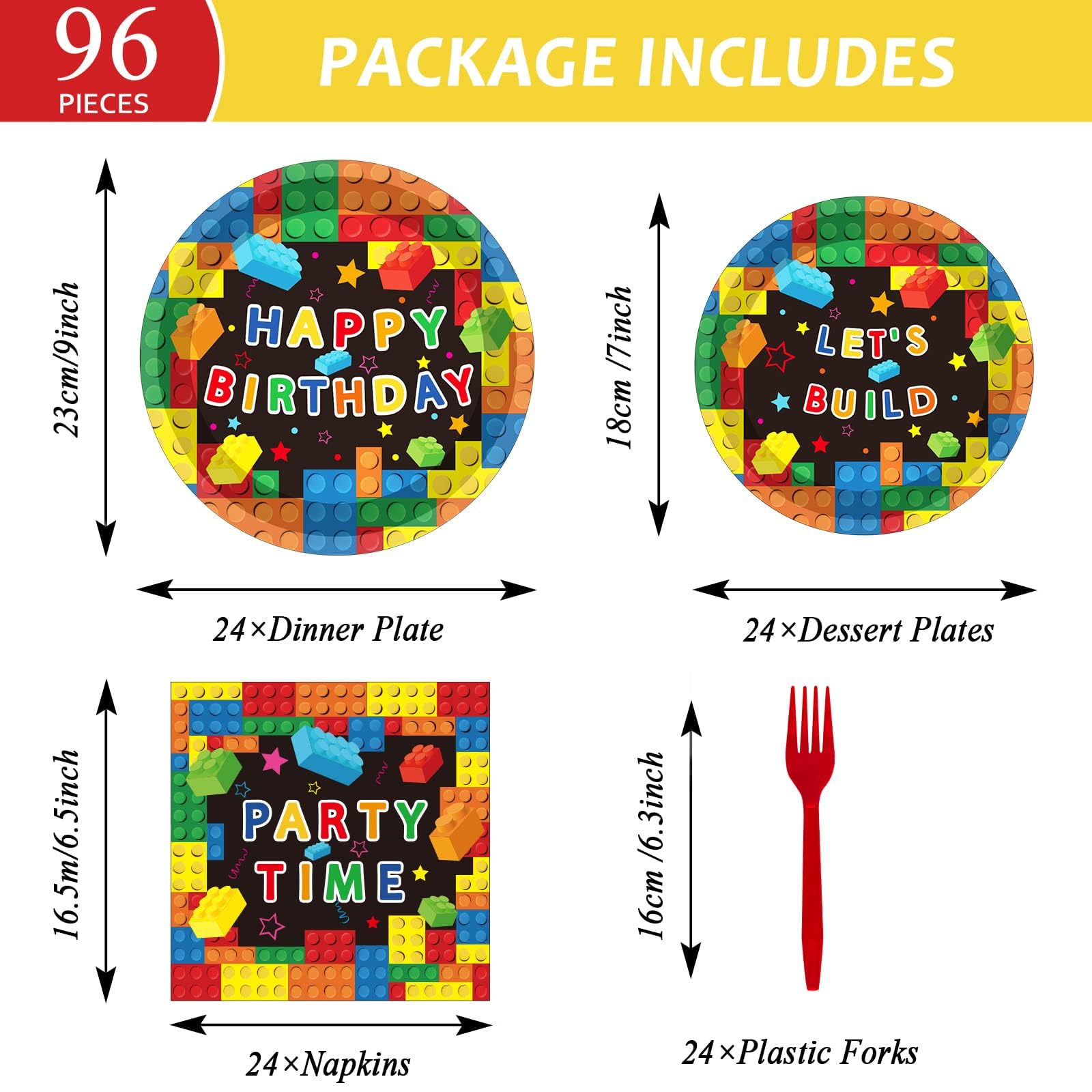 Gisgfim 96 Pcs Building Block Birthday Party Supplies Paper Plates Napkins Colorful Blocks Party Birthday Decorations Favors For