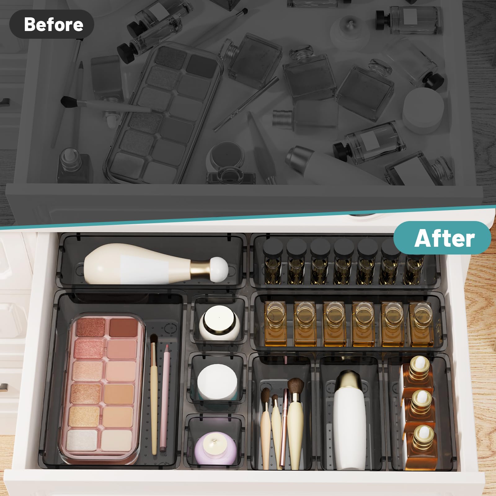 WOWBOX 8 PCS Clear Plastic Drawer Organizer Set, 4 Sizes Desk Drawer Organization and Storage Containers for Makeup, Cosmetics,