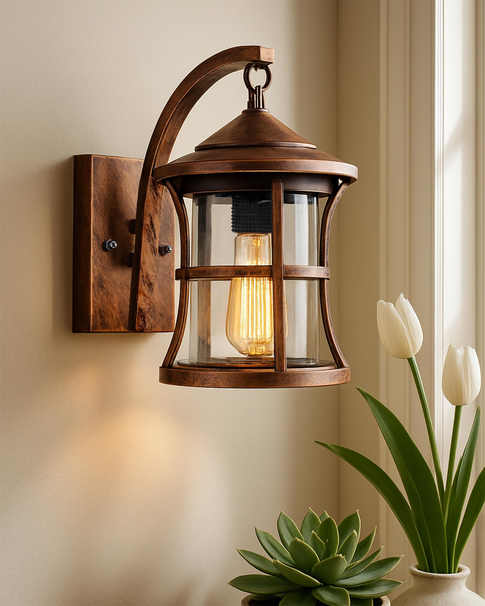 Homesake Oil Rubbed Rust Finish Glass Shade Metal Chimney Wall Light For Bedroom, Bronze,CordedElectric