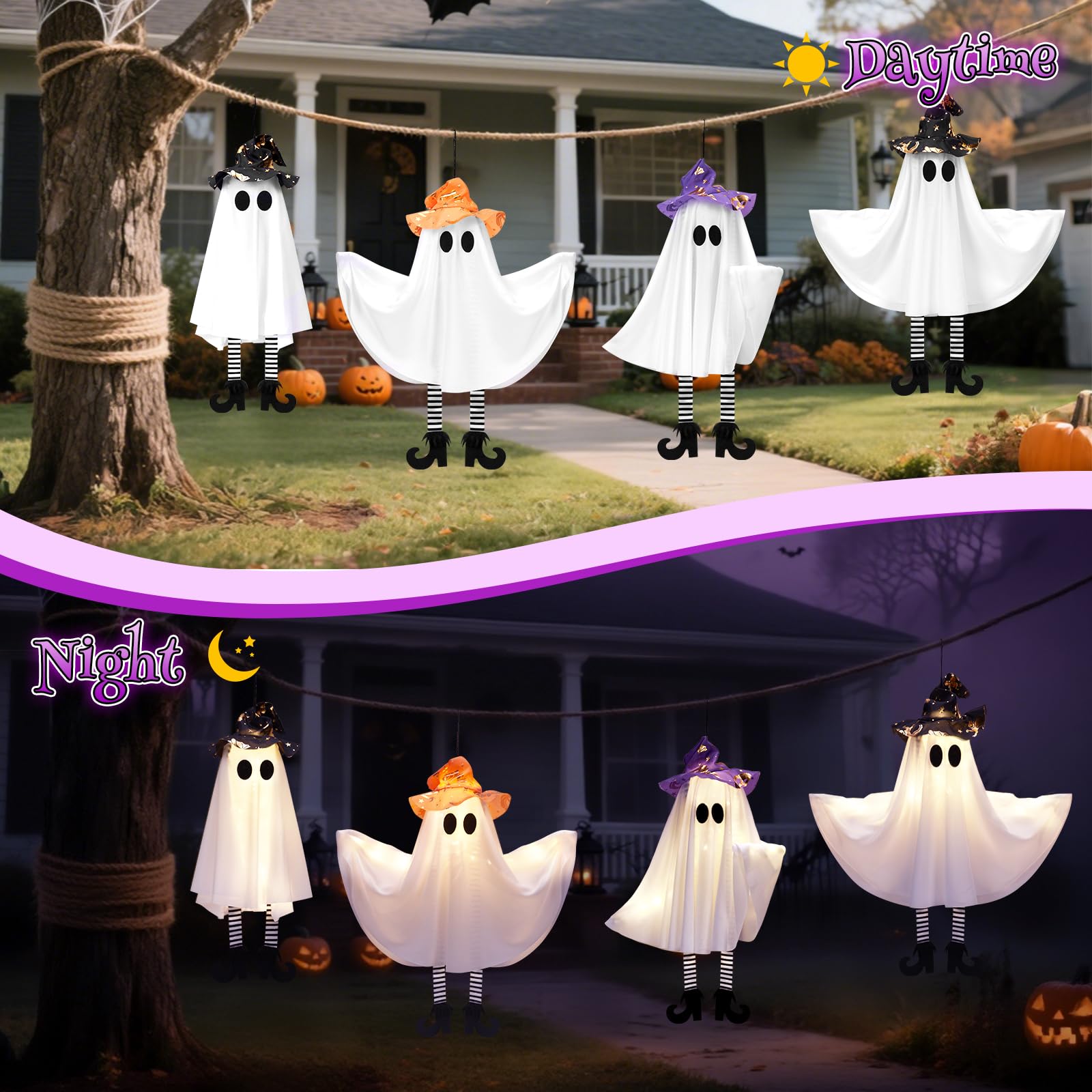 Halloween Decorations Outdoor Indoor,4 Pack Hanging Ghosts Outdoor Halloween Decor,Cute Light Up Witches Hats Ghost Decorations