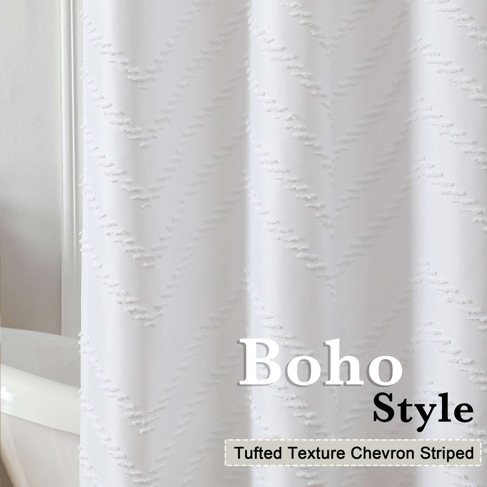Chyhomenyc Chevron White Fabric Shower Curtain Set 72X84 Inches, Extra Long Farmhouse Boho Shower Curtain Modern Chic Textured T