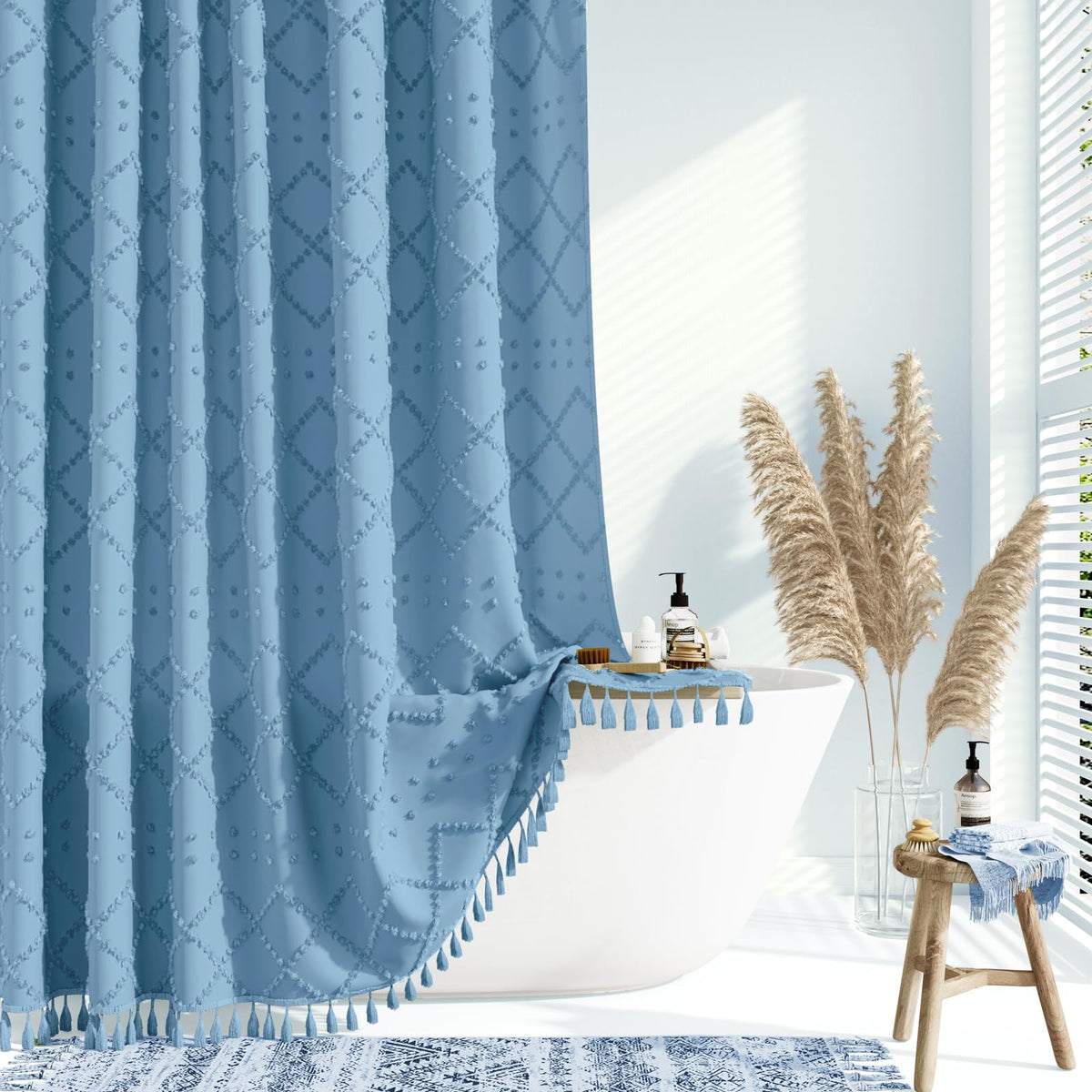 Dynamene Moonlight Blue Fabric Shower Curtain, Boho Tufted Geometric Striped Tassel Bathroom Shower Curtain, Shabby Chic Texture
