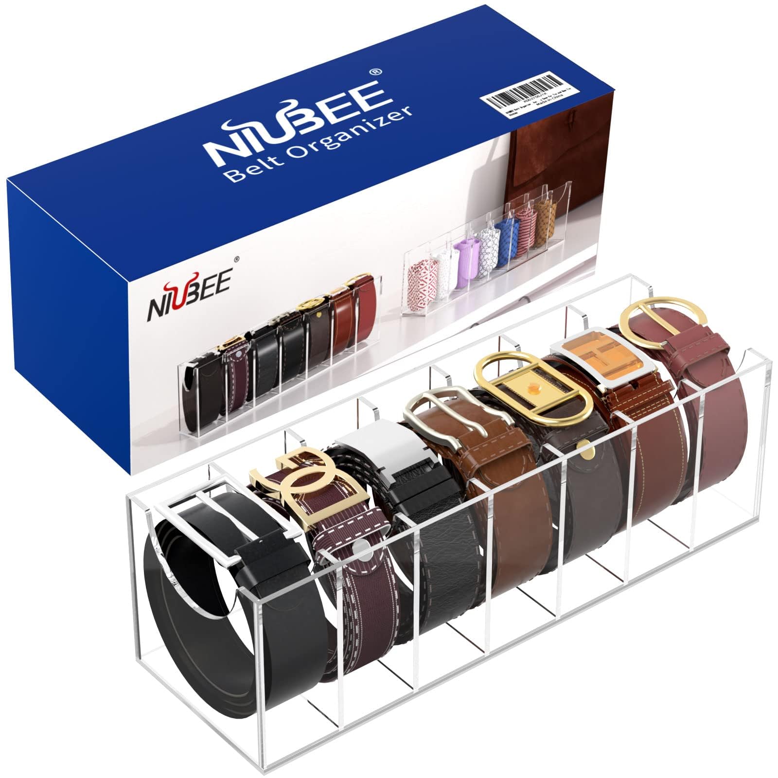 Niubee Belt Organizer, Acrylic Belt Storage Holder For The Closet, 7 Compartments Display Case For Tie And Bow Tie
