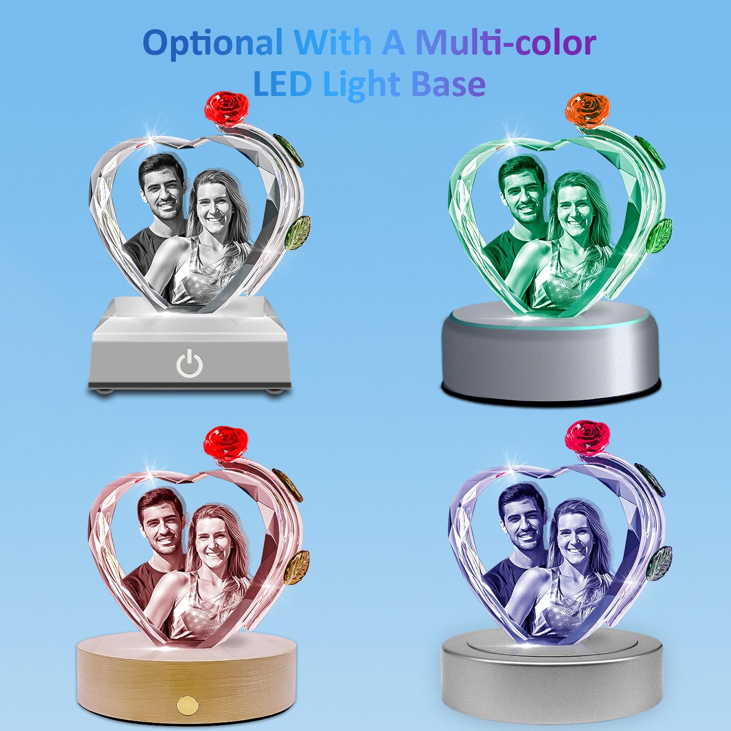 HAN S LASER 3D Crystal Photo, Personalized Gift with Your Own Photo, Unique, Birthday (Heart Rose)