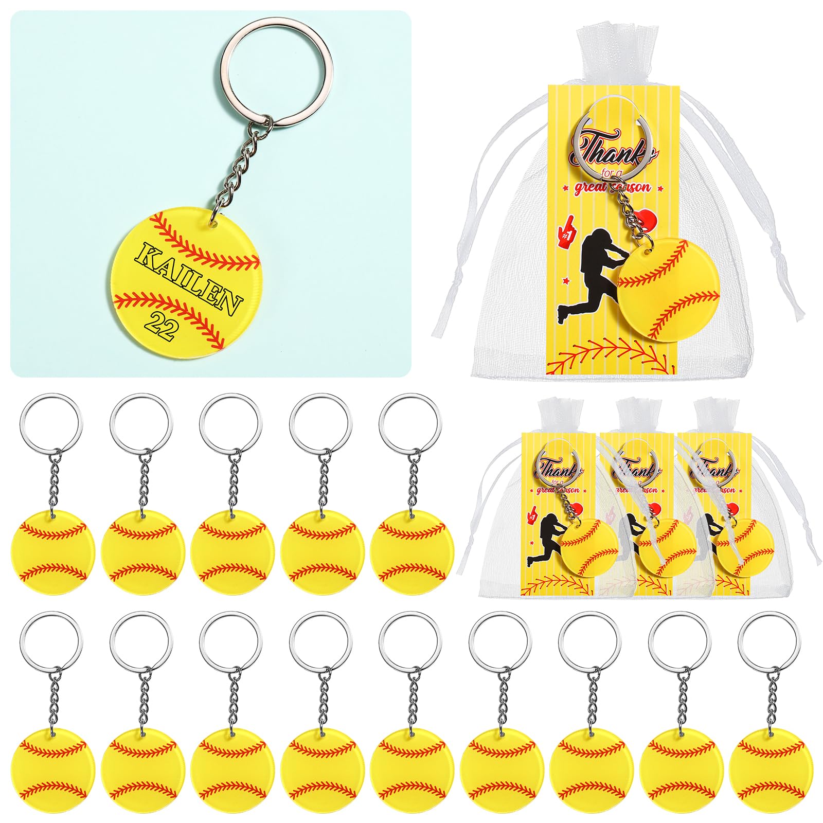 Huquary 30 Sets Sport Team Party Favors Acrylic DIY Name Keychains Soccer Softball Baseball Keychain Gift for Birthday Party Rew