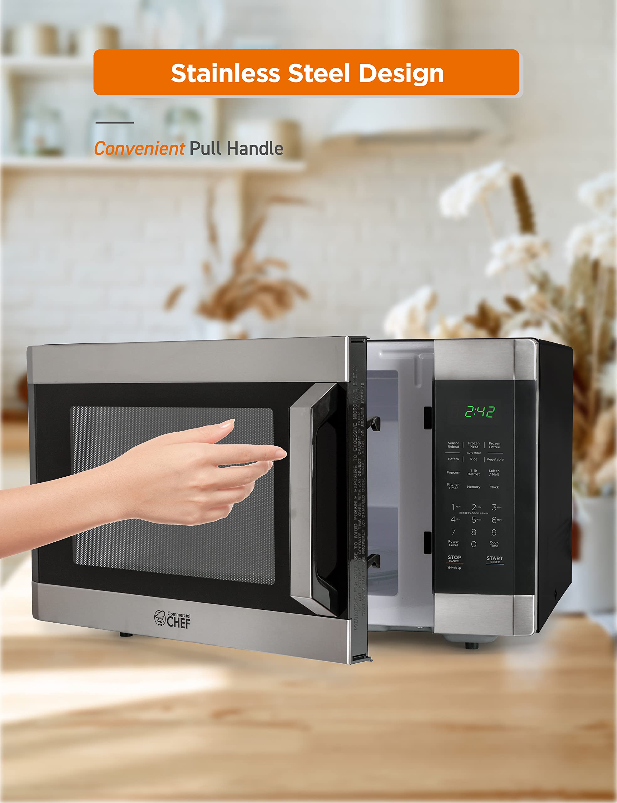 Commercial Chef 1.6 Cubic Foot Microwave With 10 Power Levels, Small Microwave With Pull Handle Child Safety Lock, 1100 Watt Mic