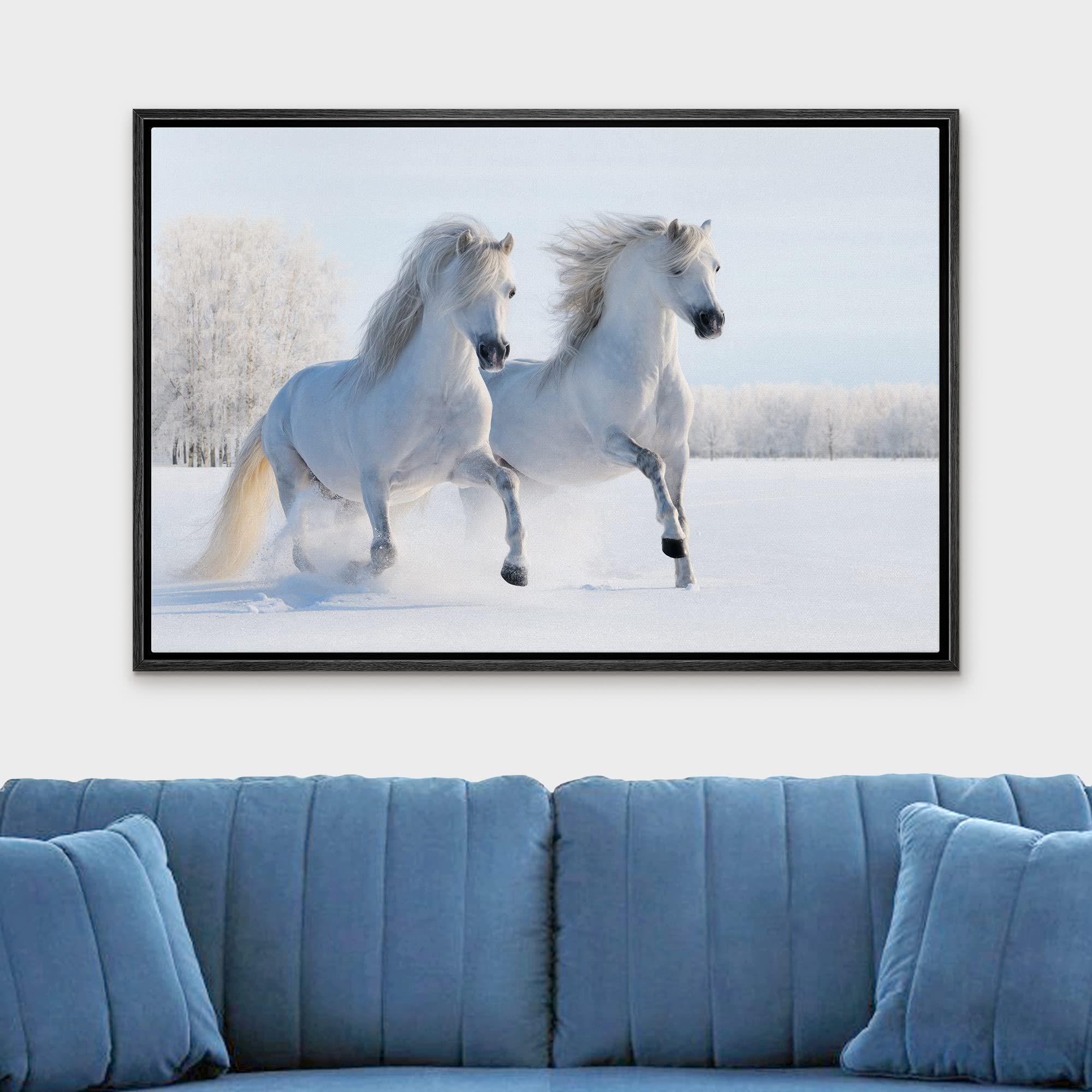 Wall26 Framed Canvas Print Wall Art Duo Of White Stallion In Snowy Winter Forest Field Animals Wildlife Realism Rustic Scenic Na