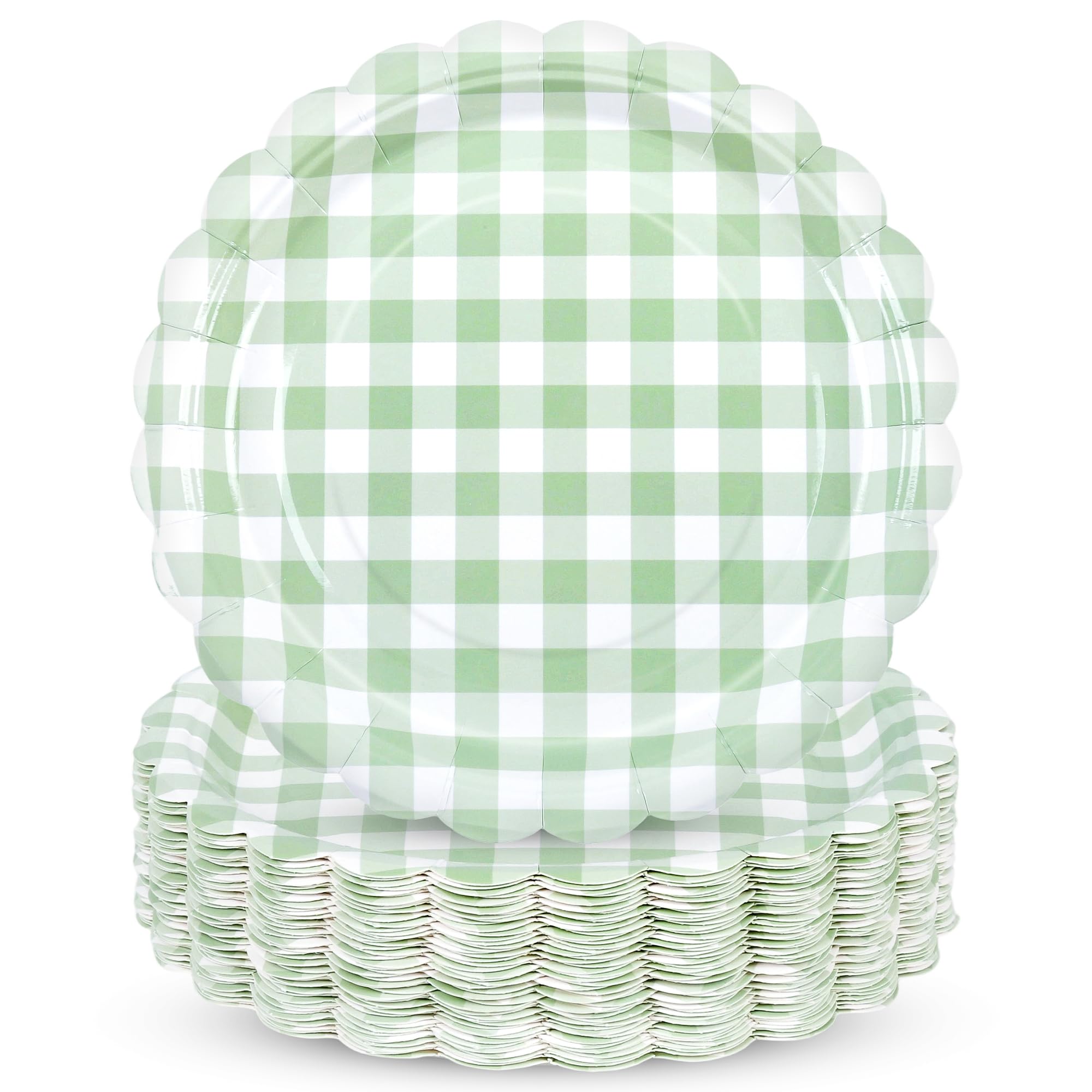 48 Pcs Sage Green Scalloped Paper Plates - 7Inch Gingham Paper Plates Blue and White Checkered Party Plate Disposable Plaid Deco