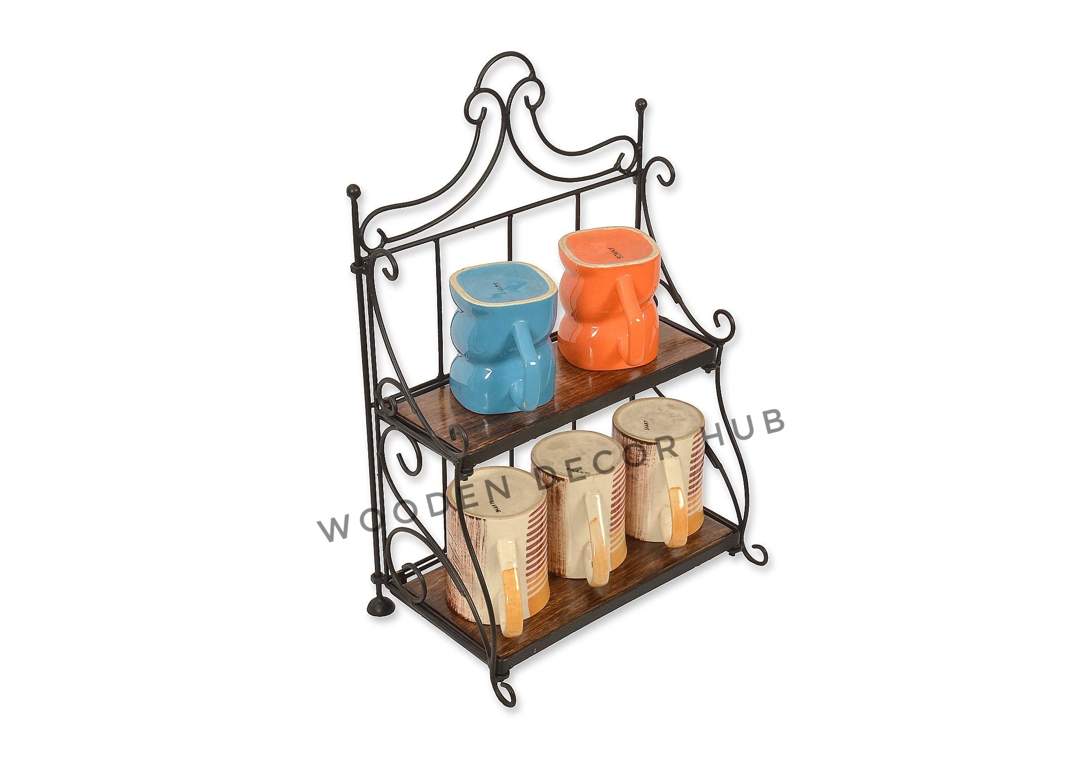Wooden Decor Hub Wooden & Wrought Iron 2 Tier Kitchen Spice Rack Step Shelf Countertop Organiser,Kitchen Rack