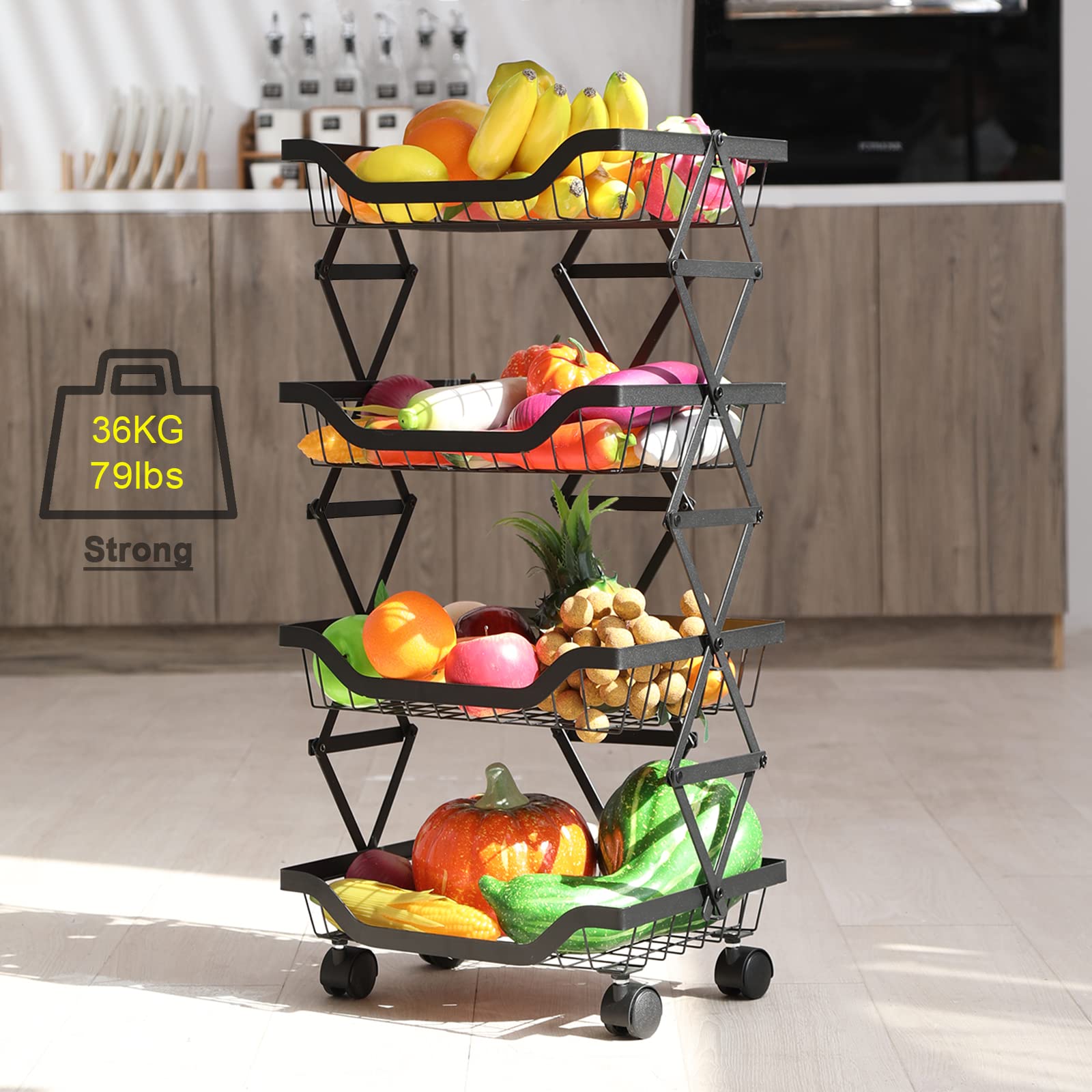 Brian & Dany 4-Tire Fruit And Vegetable Storage Rack, Fresh Vegetable Storage Basket Container For Kitchen (Black)