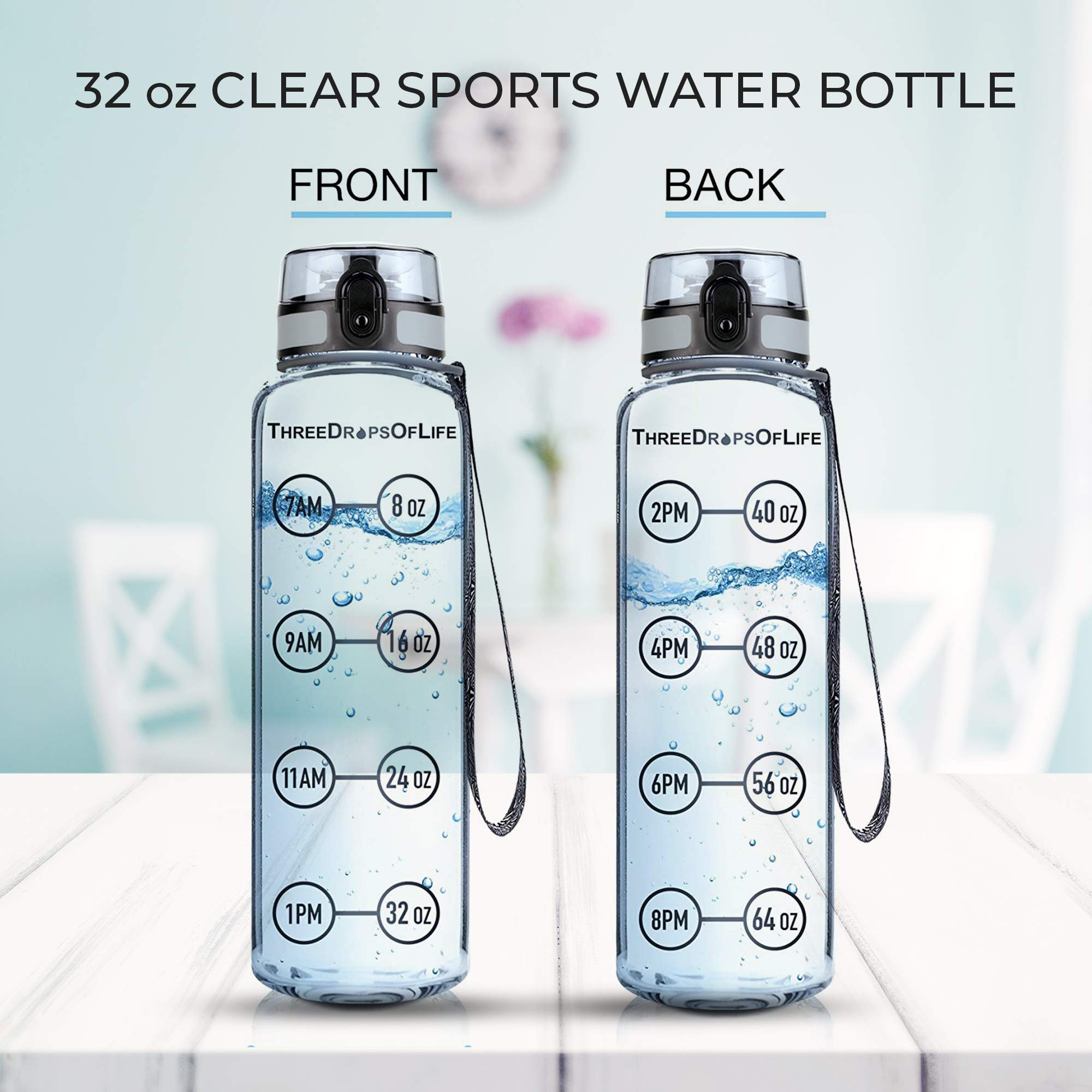 Three Drops Of Life Time Marked Water Bottle, Clear Sports Timed Water Bottle 32 Oz, Best For Measuring Water Intake, Tritan Bpa