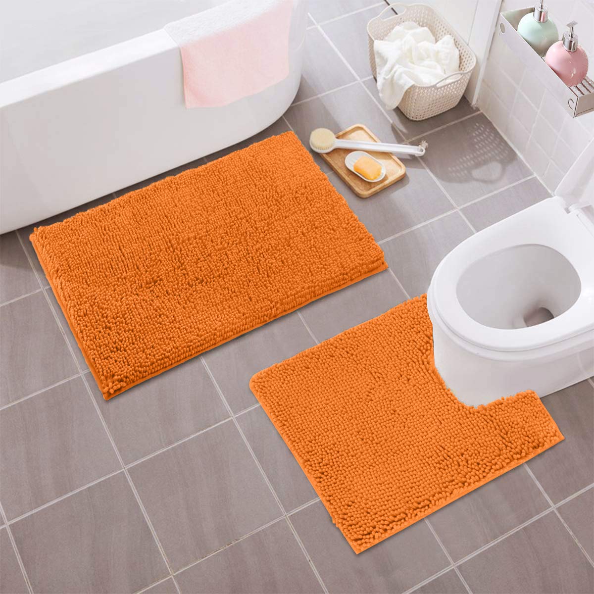 Orange Bathroom Rugs Chenille 2-Piece Bath Mat Set, Soft Plush Bath Rug +Toilet Mat.1'' Microfiber Shaggy Carpet, Super Absorben