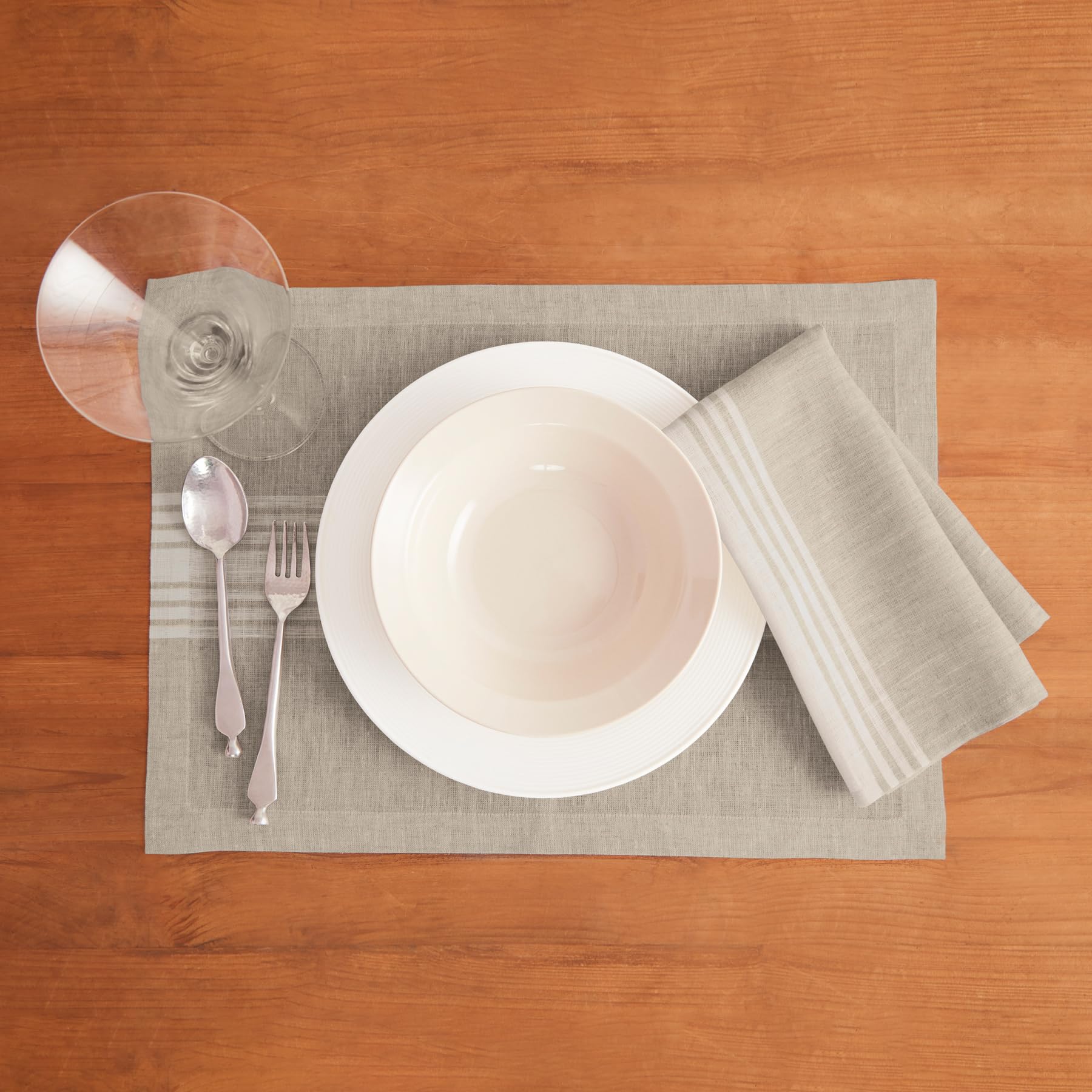 Solino Home Farmhouse Linen Placemats 19'' L X 14'' W Inch - 100% Pure Linen Stripe White And Natural Cloth Placemats Set Of 4 -