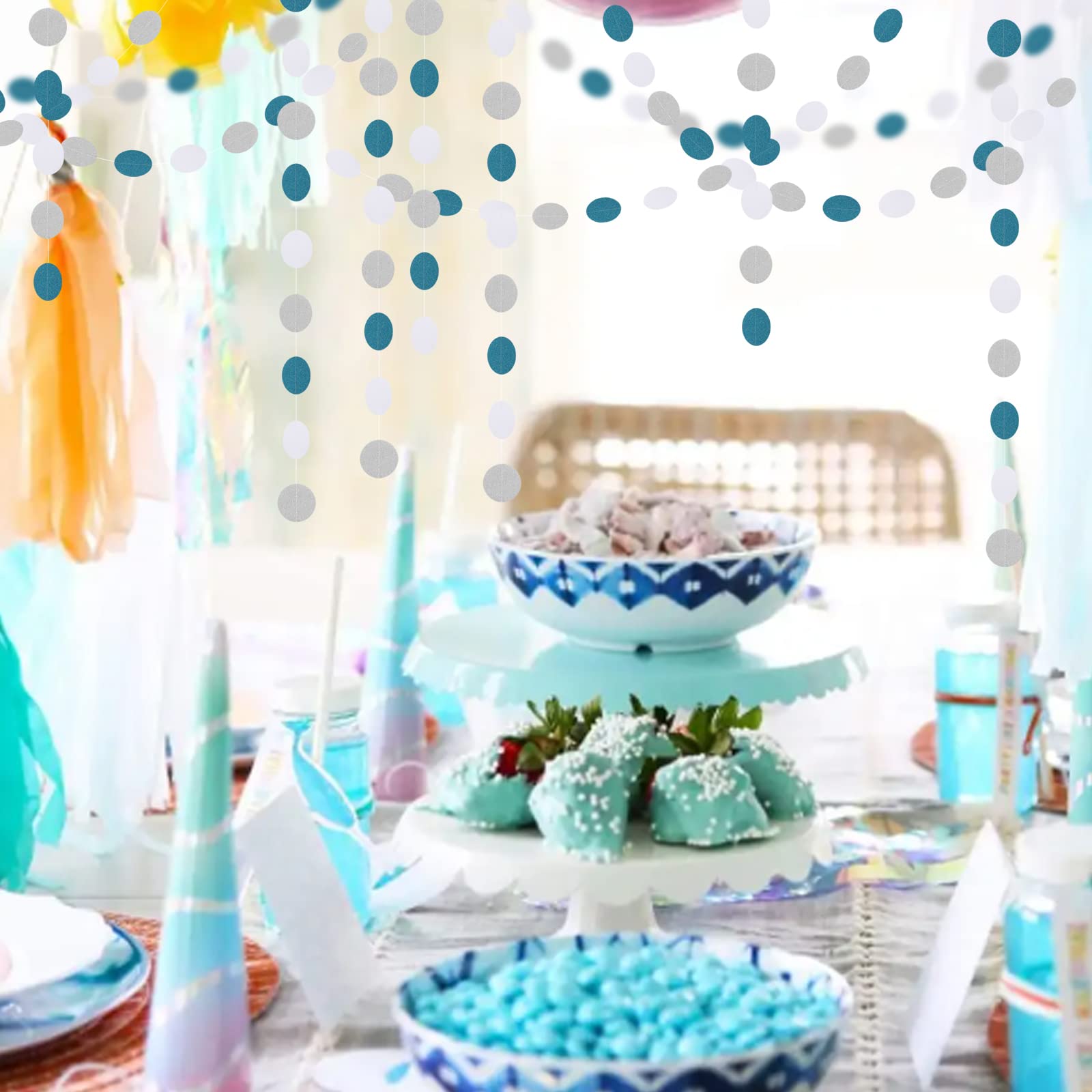 Teal-Turquoise White-Silver Party-Decorations Garland Streamers - 52Ft Woman Girl Frozen Birthday Paper Banner,Graduation Weddin